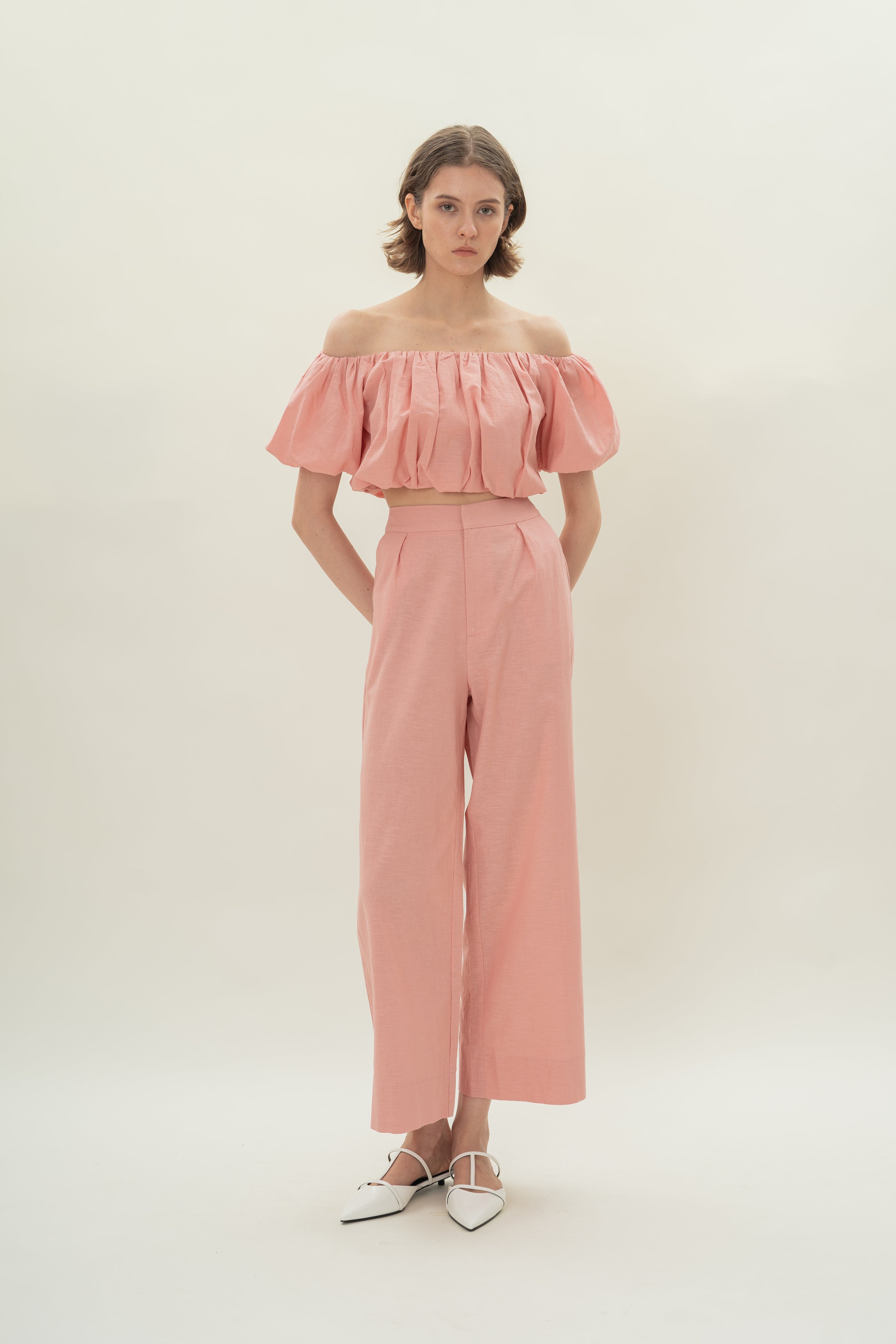 Puff Sleeve Off Shoulder Bubble Top in Pink