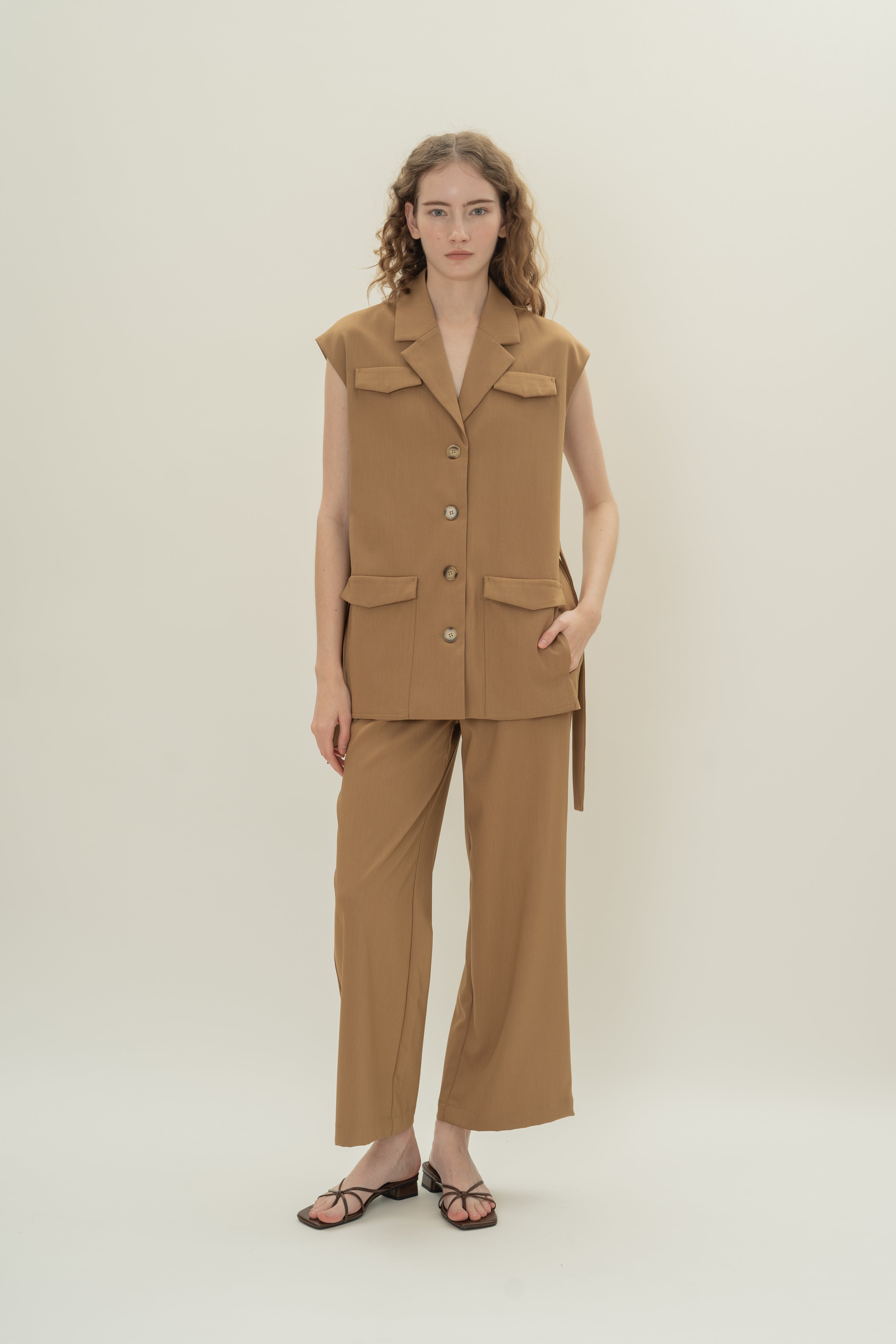 Sleeveless Belted Blazer in Camel