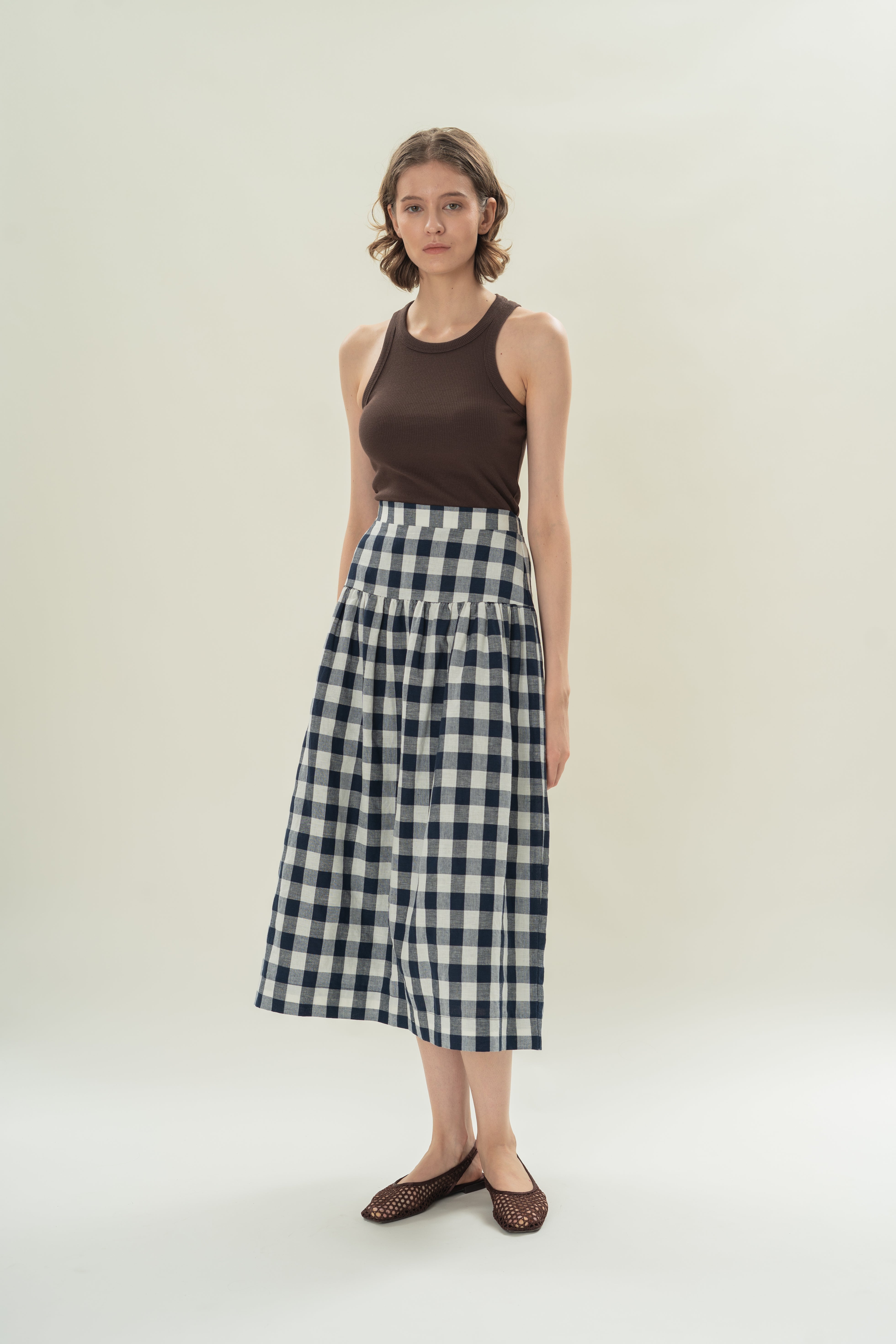 Panelled Midi Skirt With Gathers in Navy Gingham