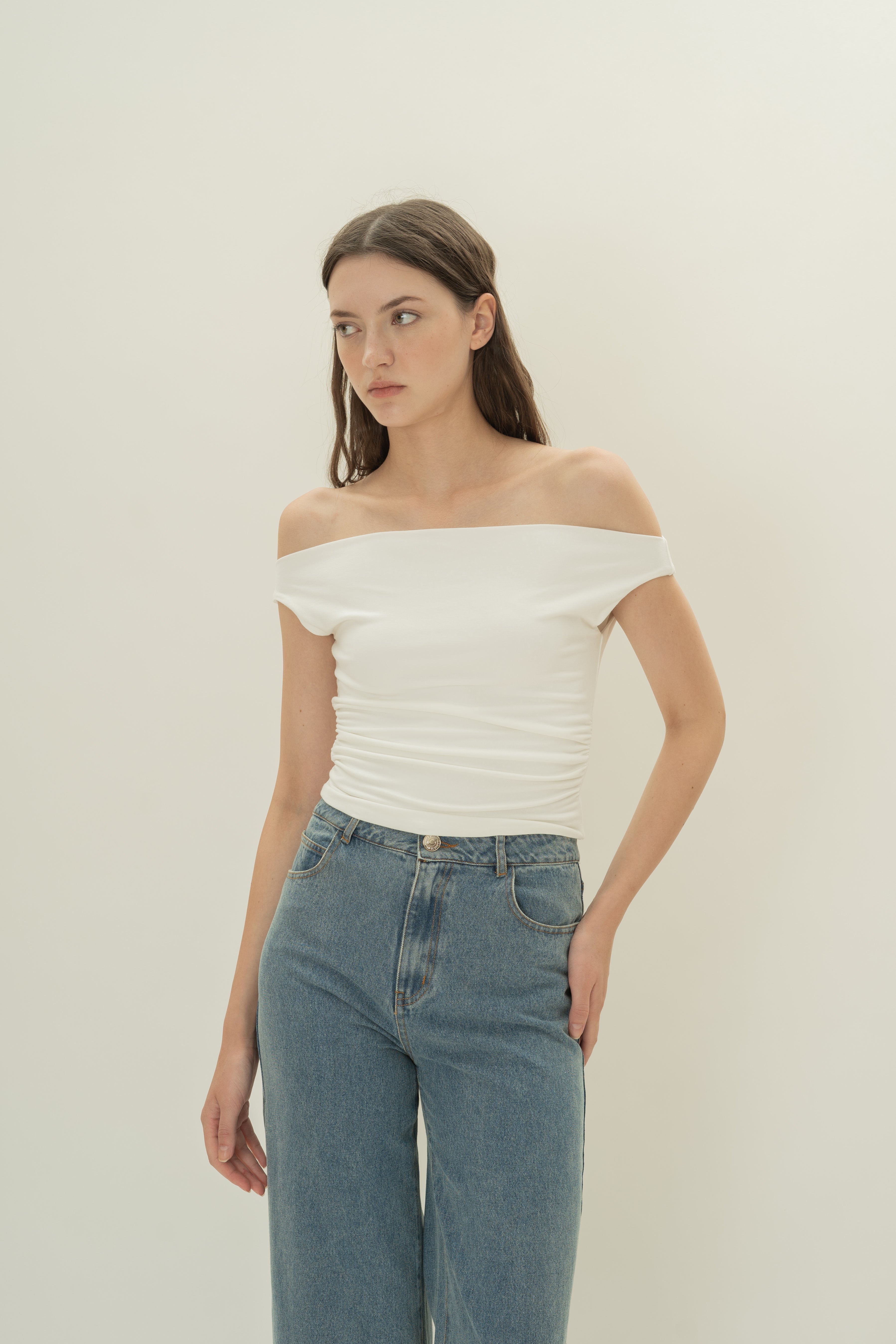 Off Shoulder Ruched Waist Top in White