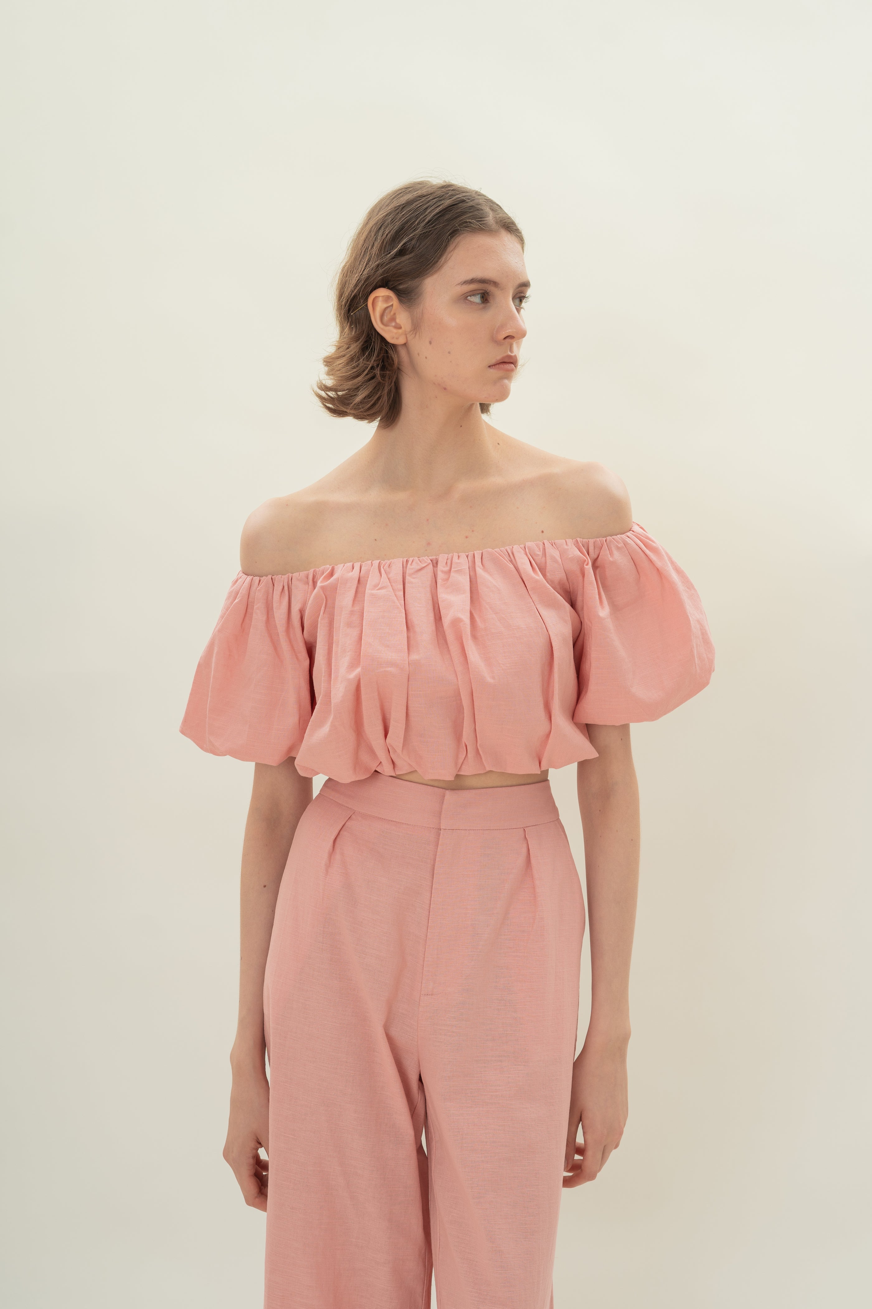 Puff Sleeve Off Shoulder Bubble Top in Pink