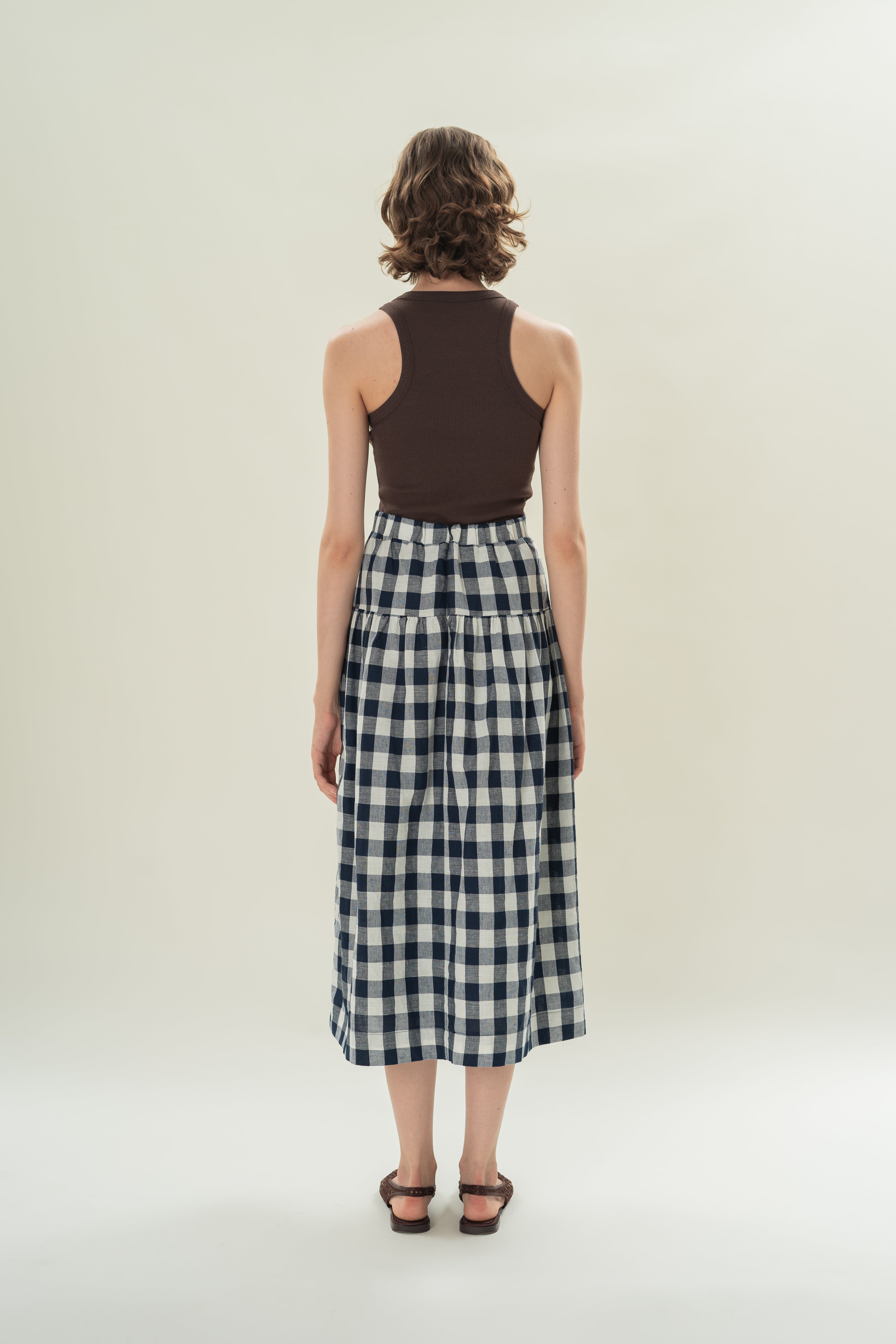 Panelled Midi Skirt With Gathers in Navy Gingham