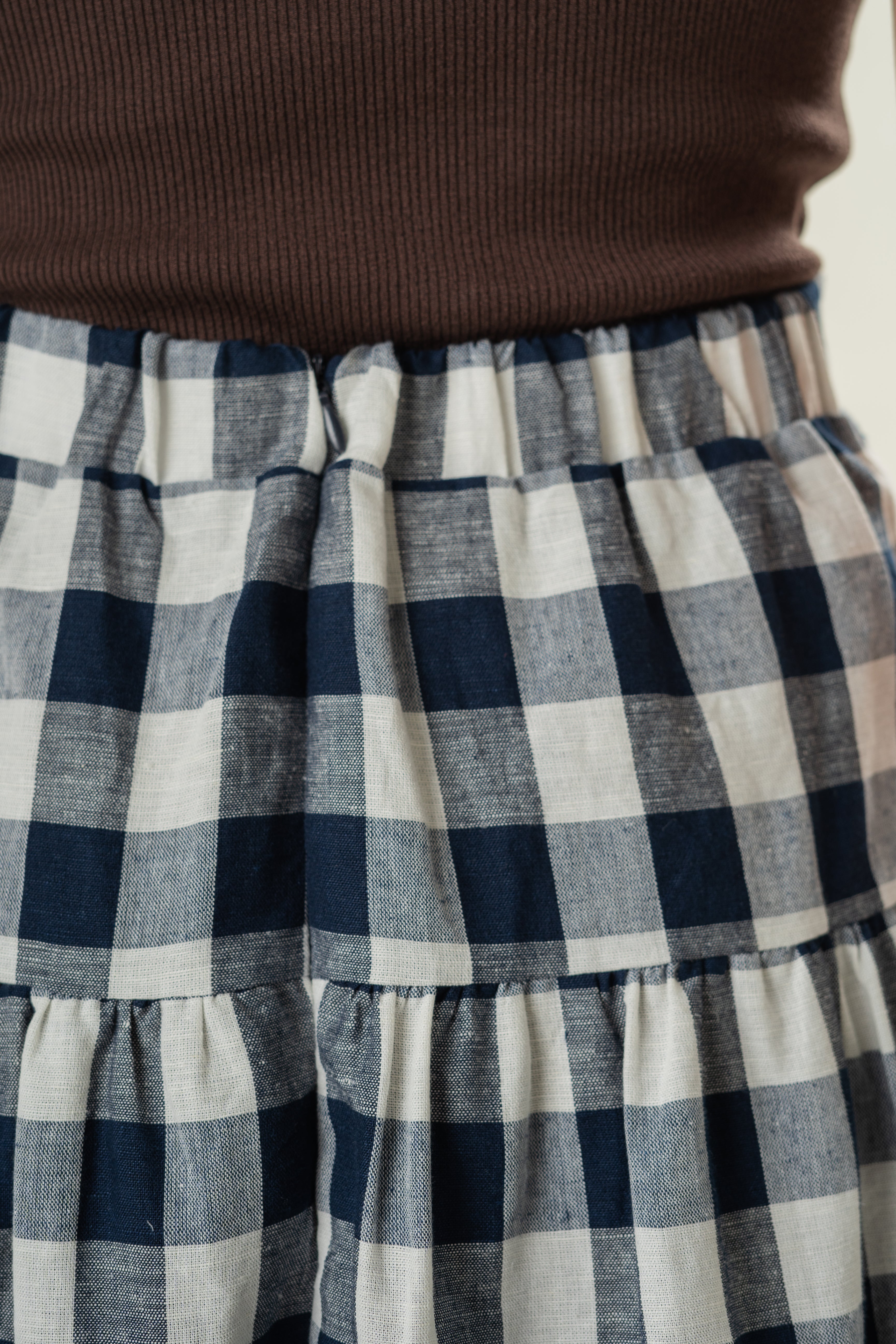 Panelled Midi Skirt With Gathers in Navy Gingham