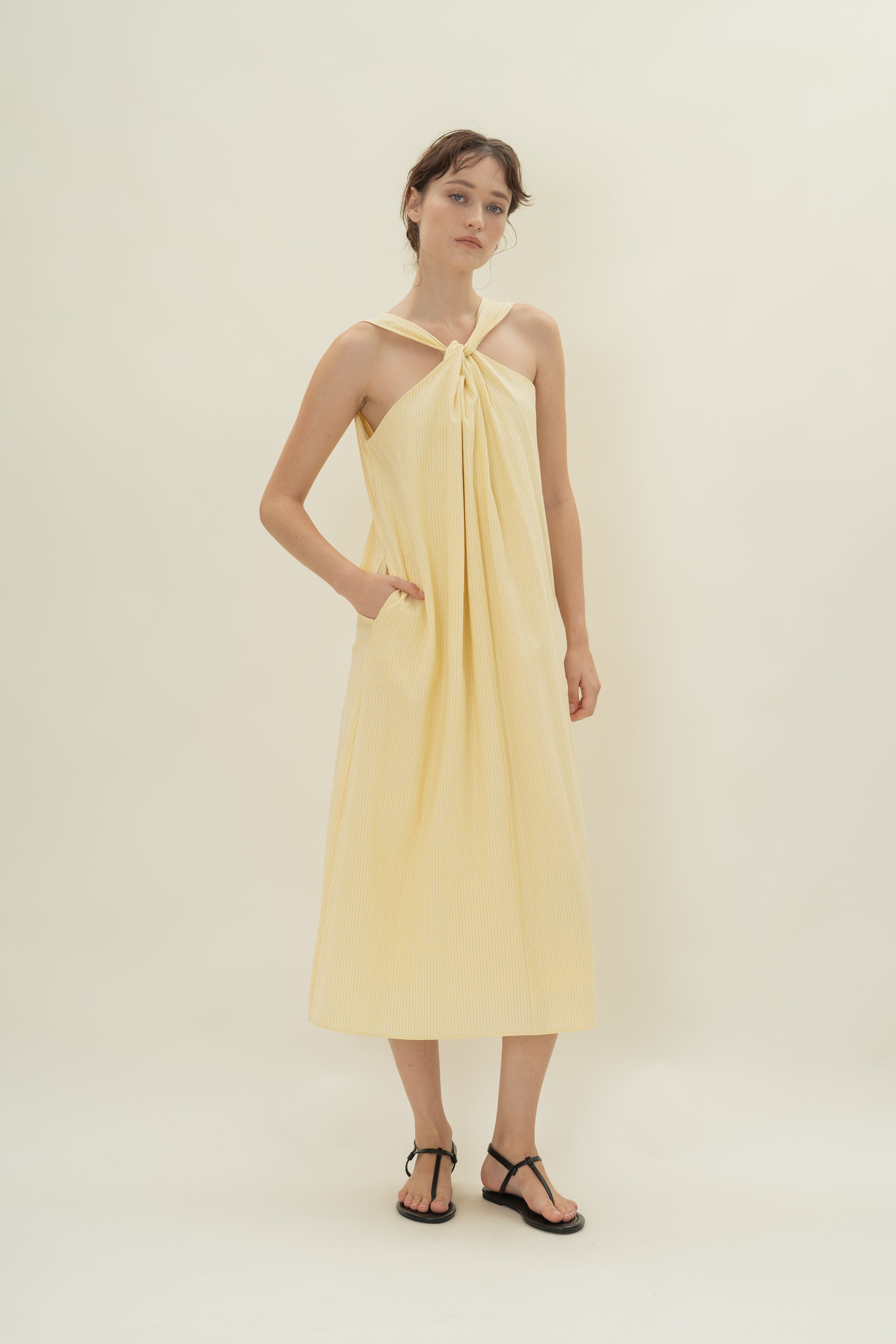 Reversible Knotted Neckline Midi Dress in Linen Blend Lemon Stripes