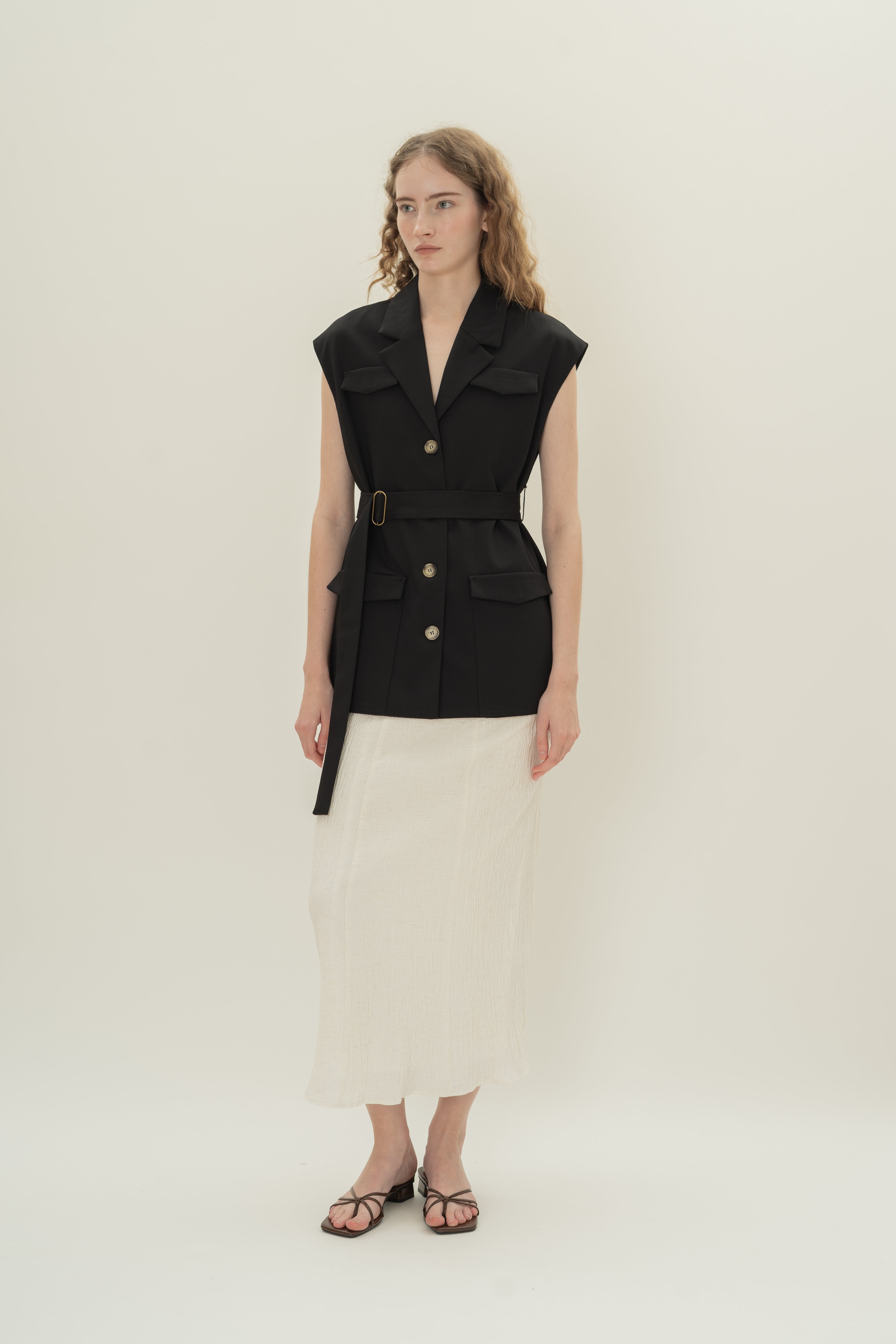 Sleeveless Belted Blazer in Black
