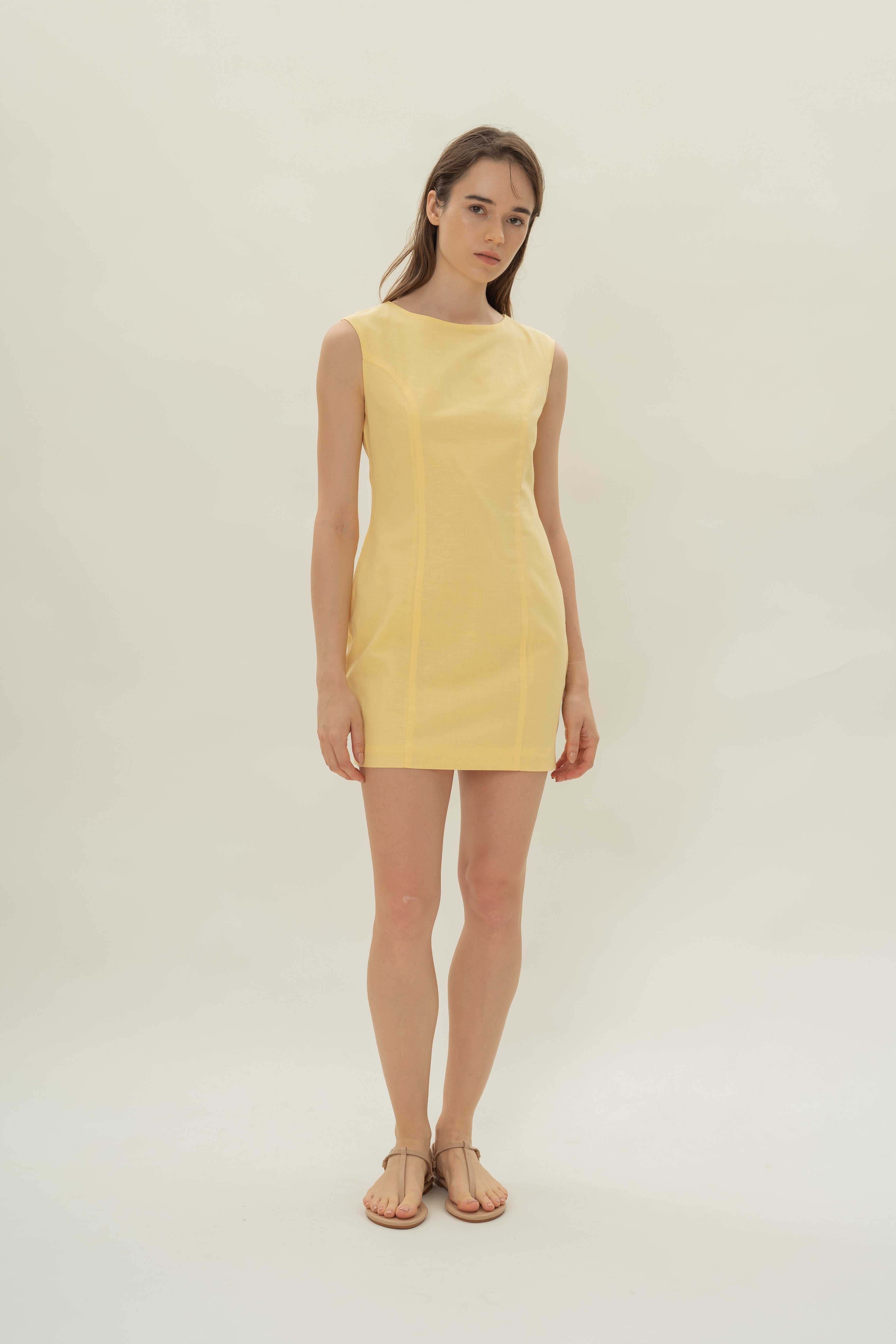 Boat Neck Mini Dress in Lemon