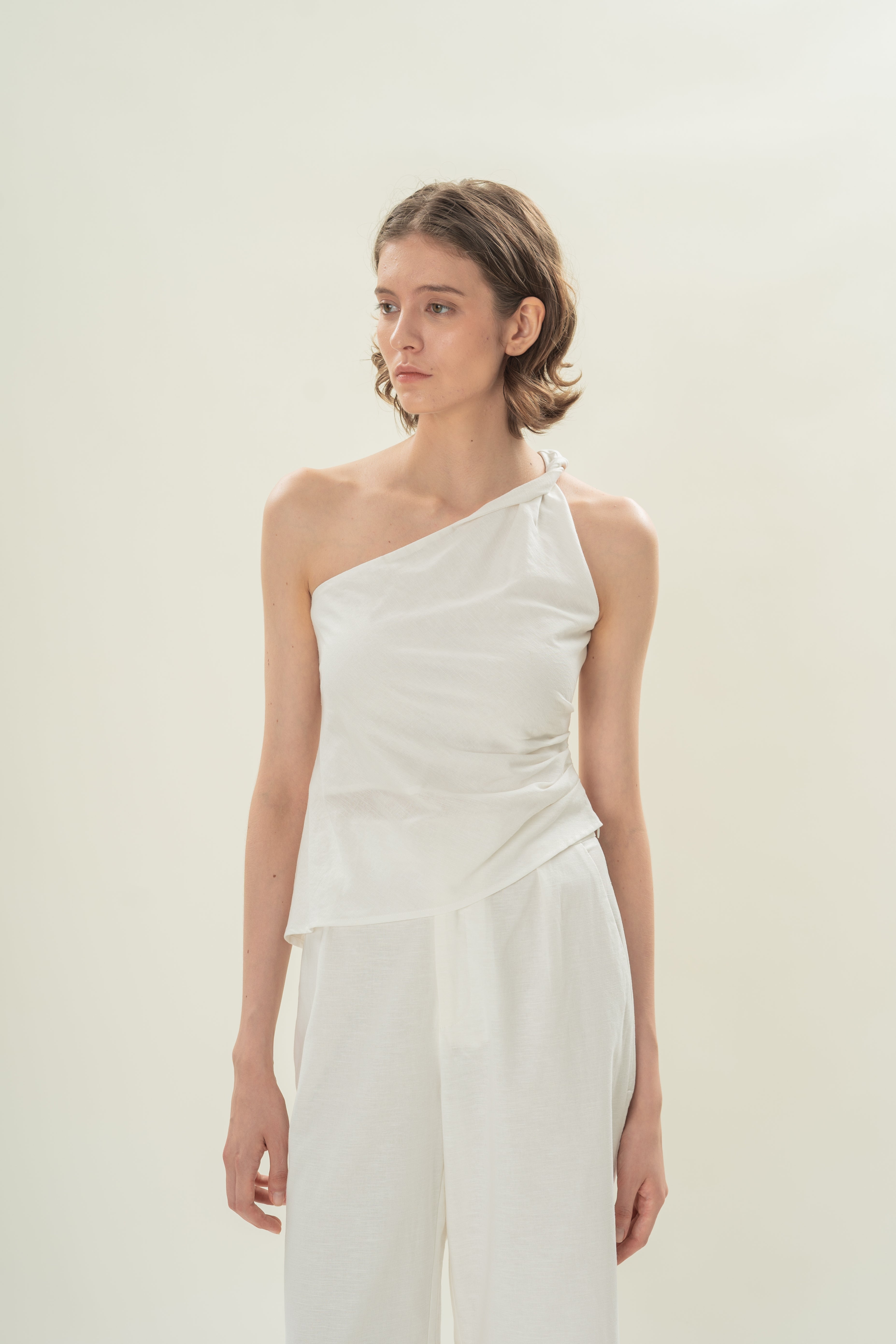 Draped Twist Knot Toga Top in White