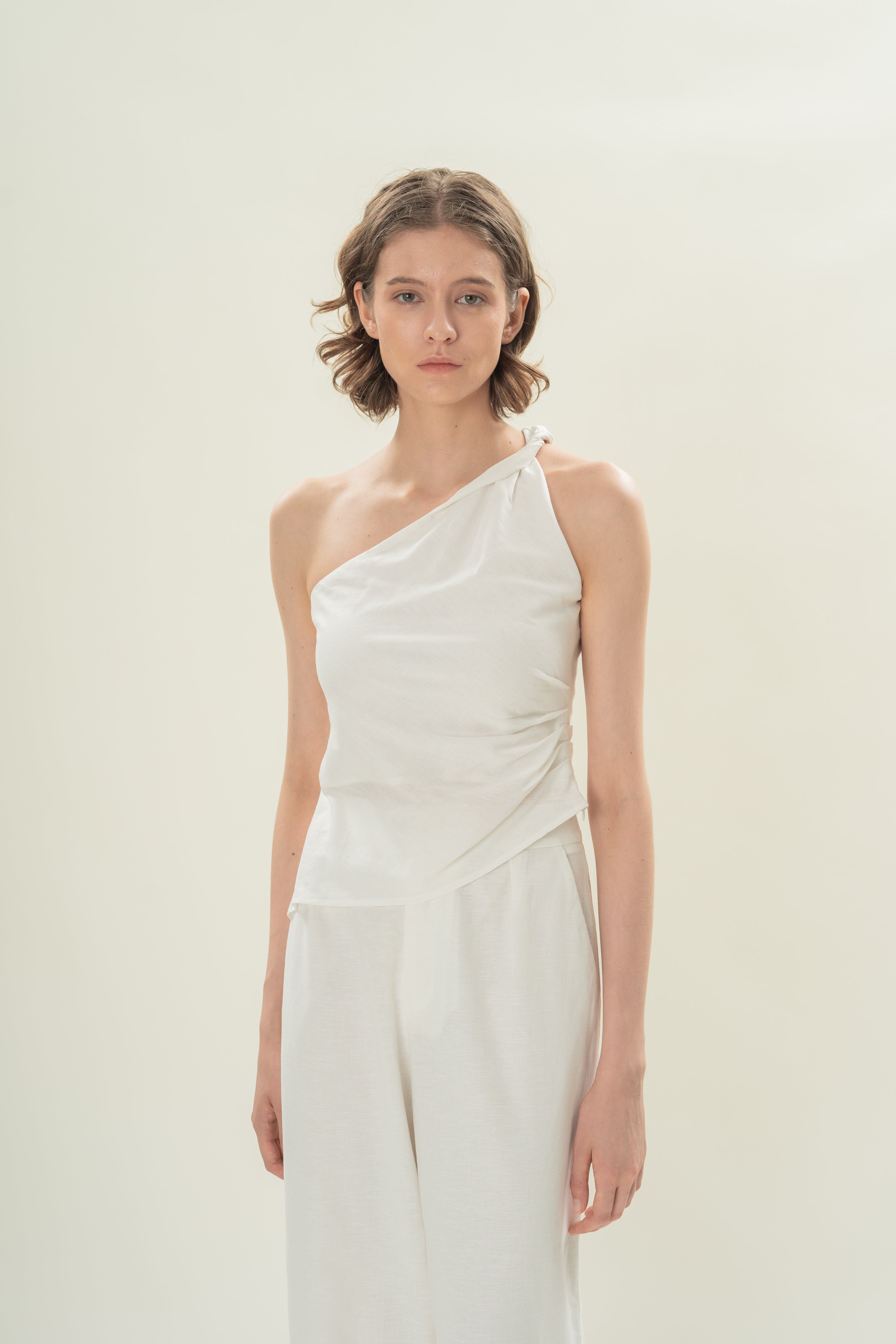 Draped Twist Knot Toga Top in White