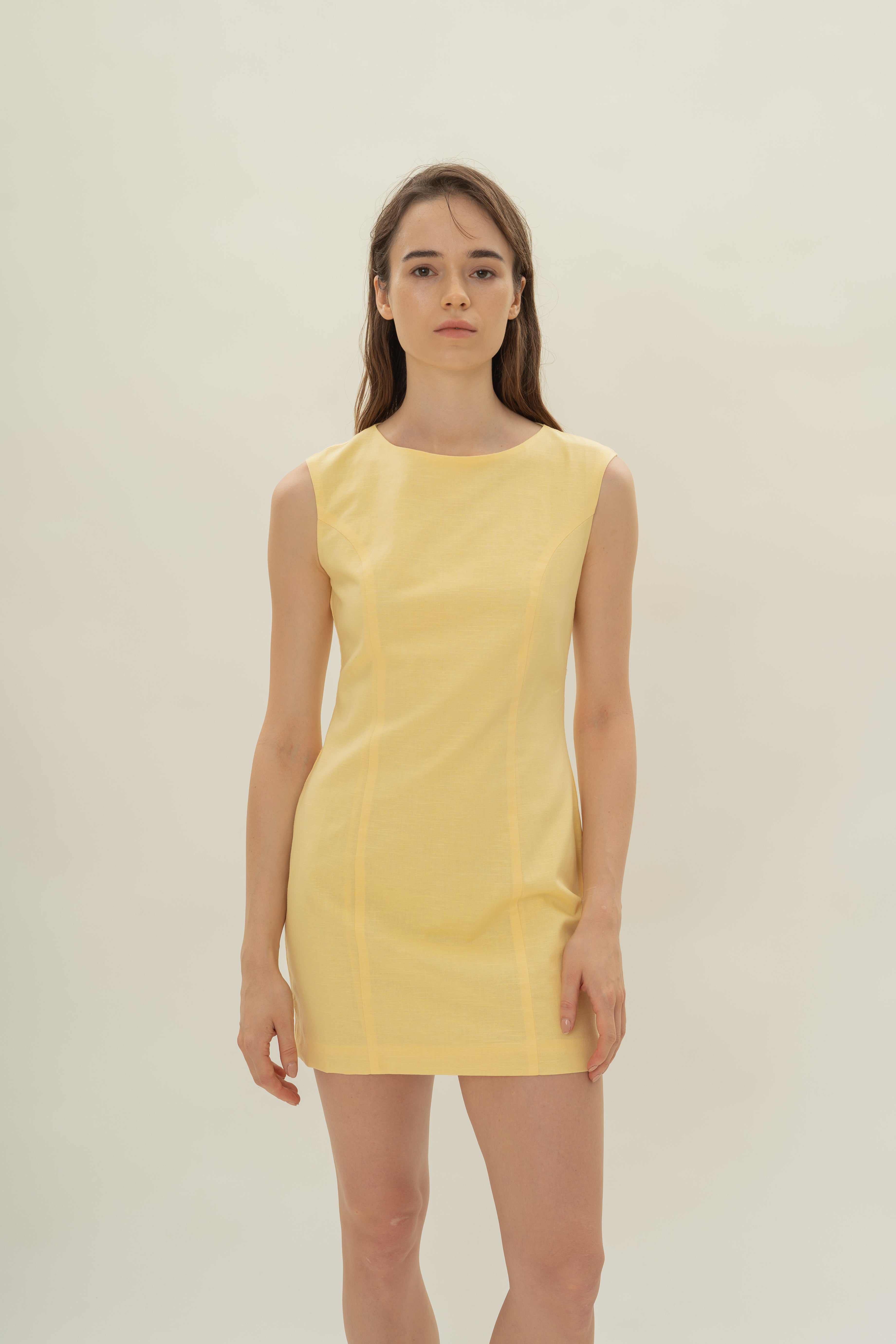 Boat Neck Mini Dress in Lemon