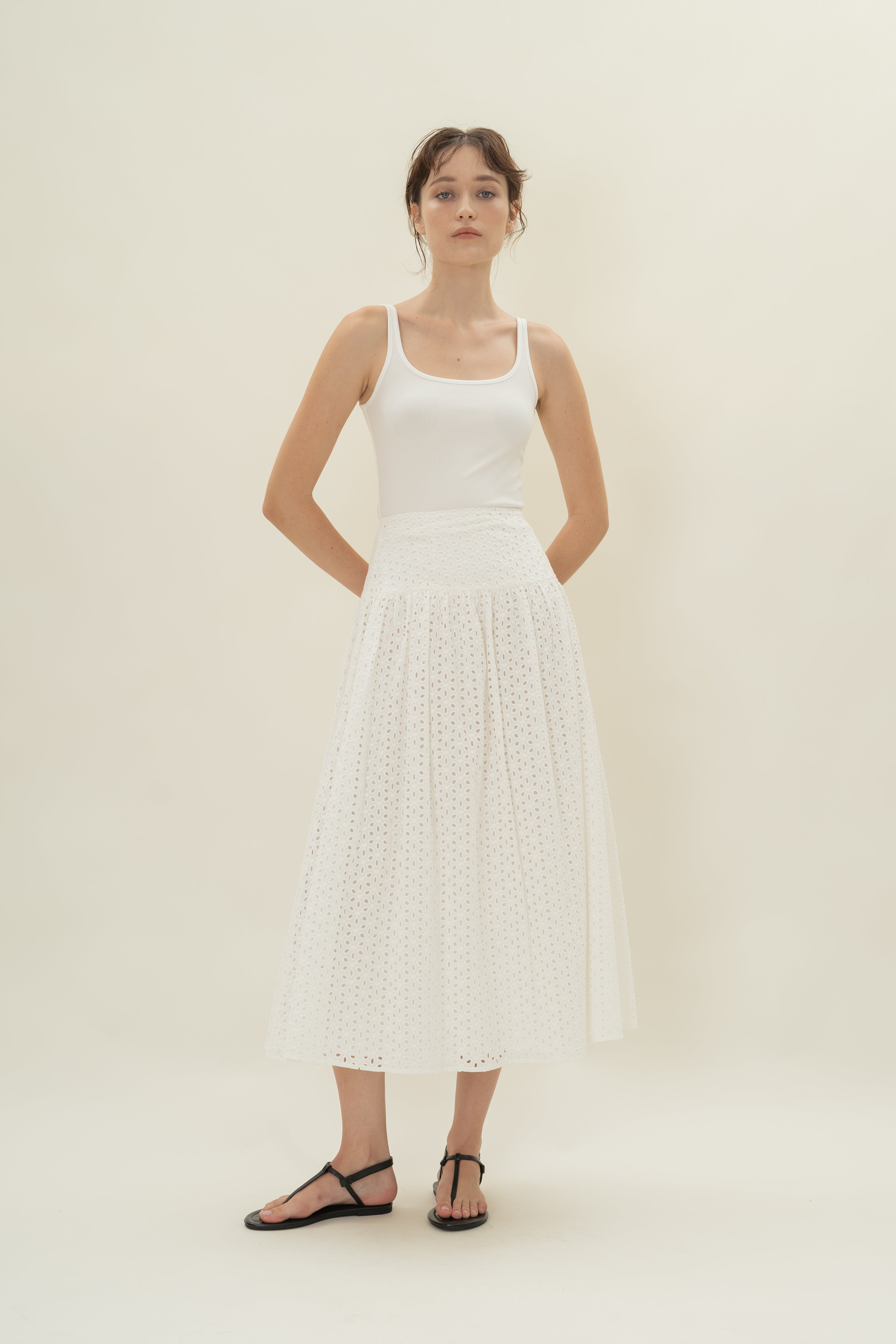 Gathered Panel Skirt in Broderie White