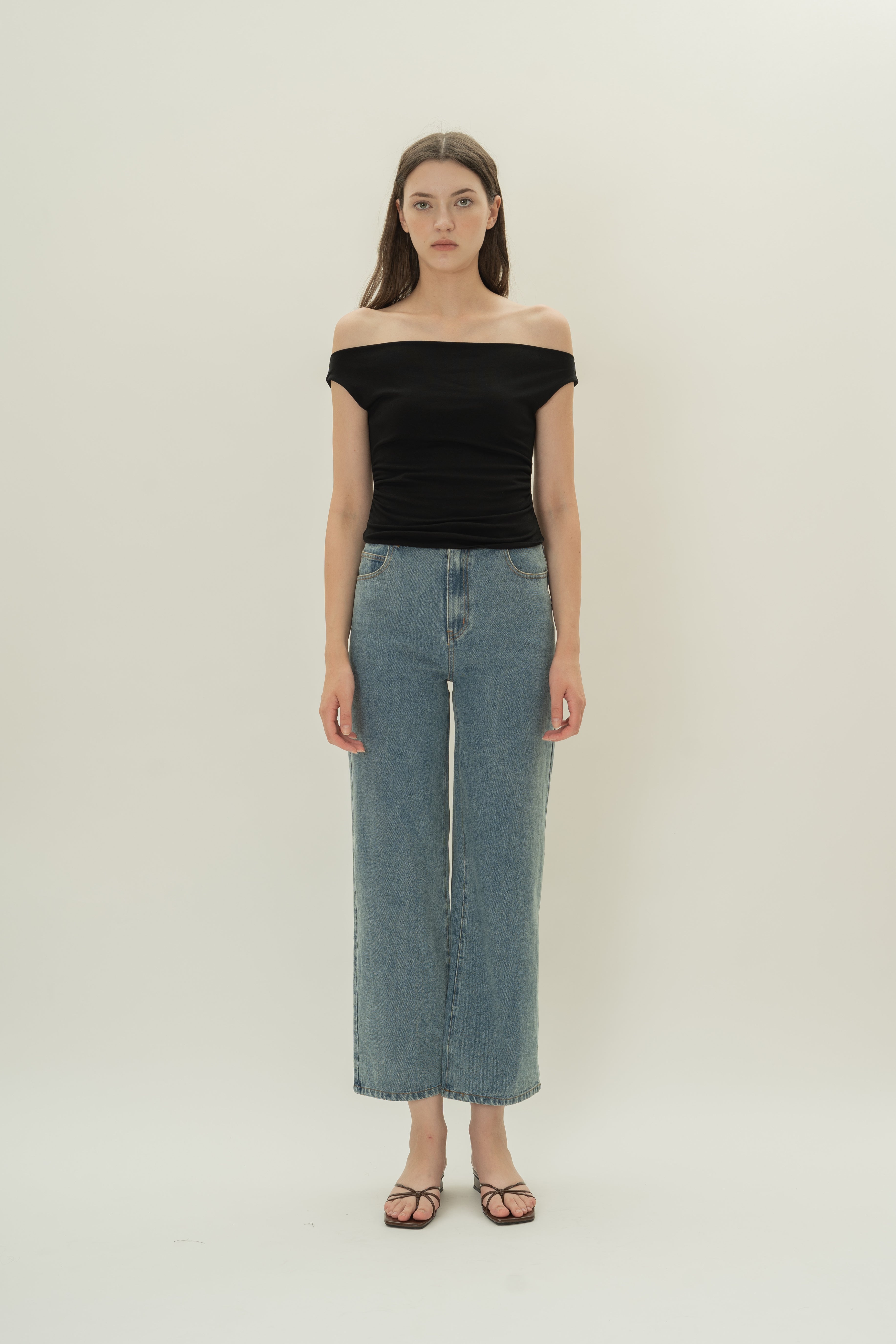 Off Shoulder Ruched Waist Top in Black
