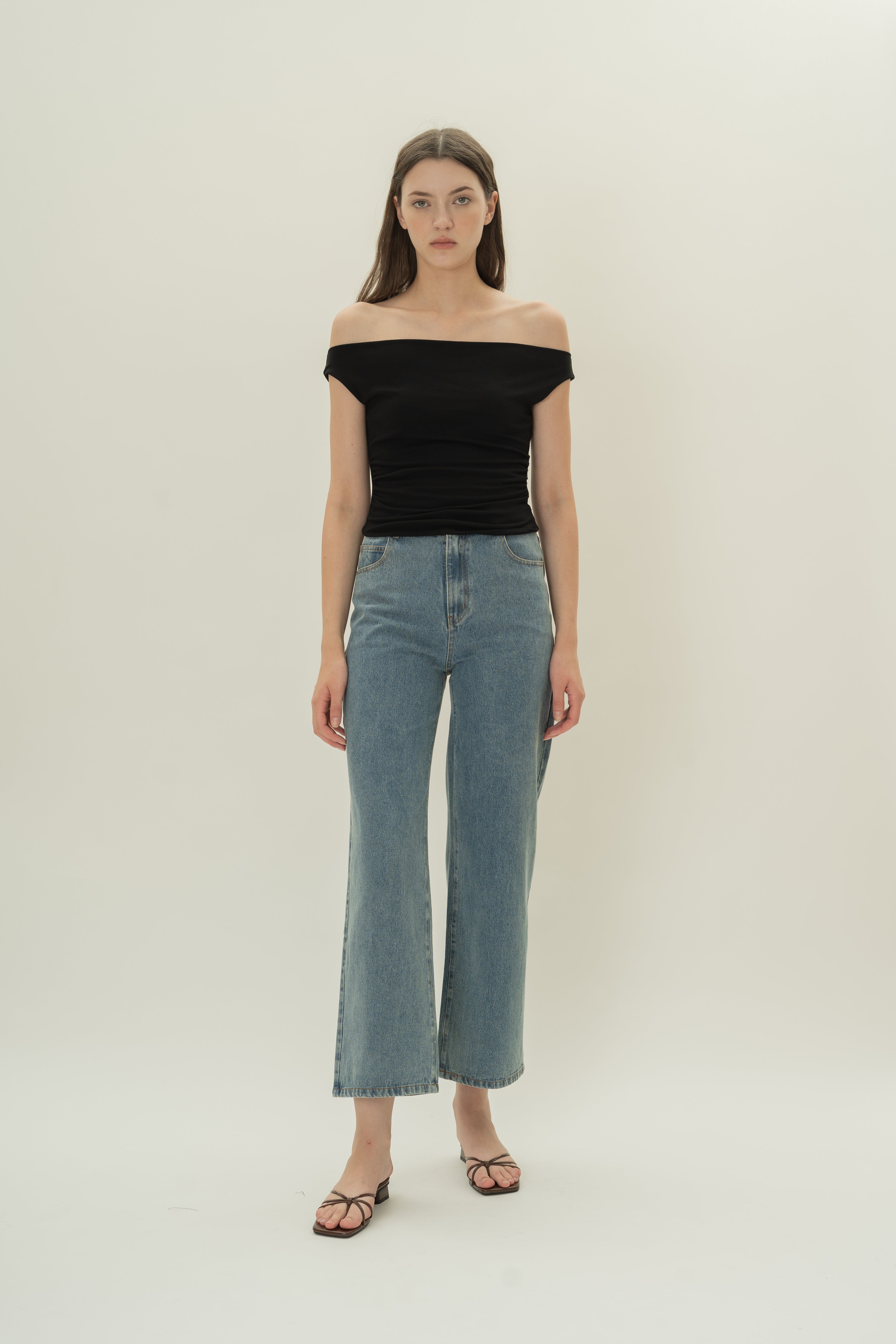 Off Shoulder Ruched Waist Top in Black