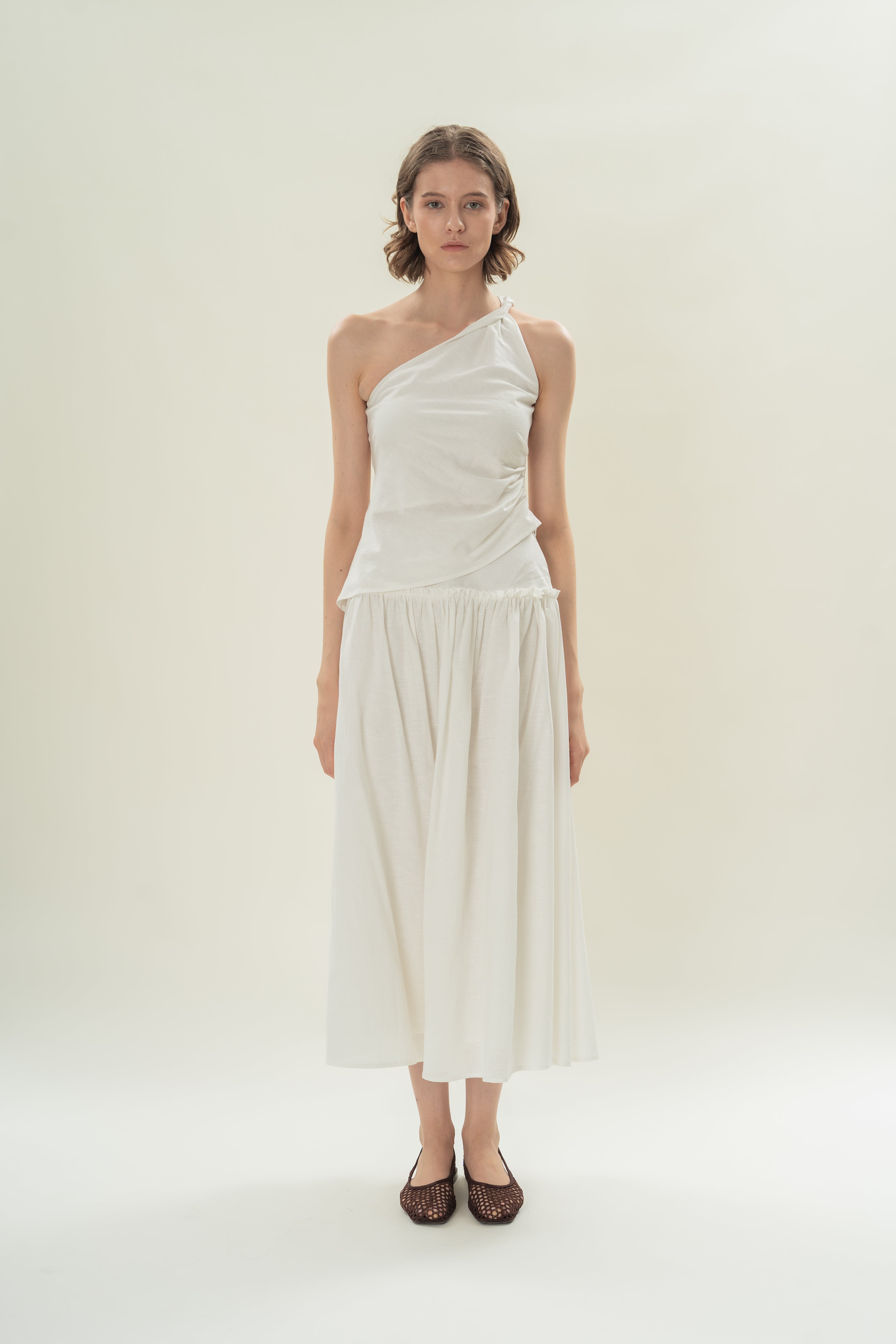 Gathered Panel Skirt With Ruffles in White