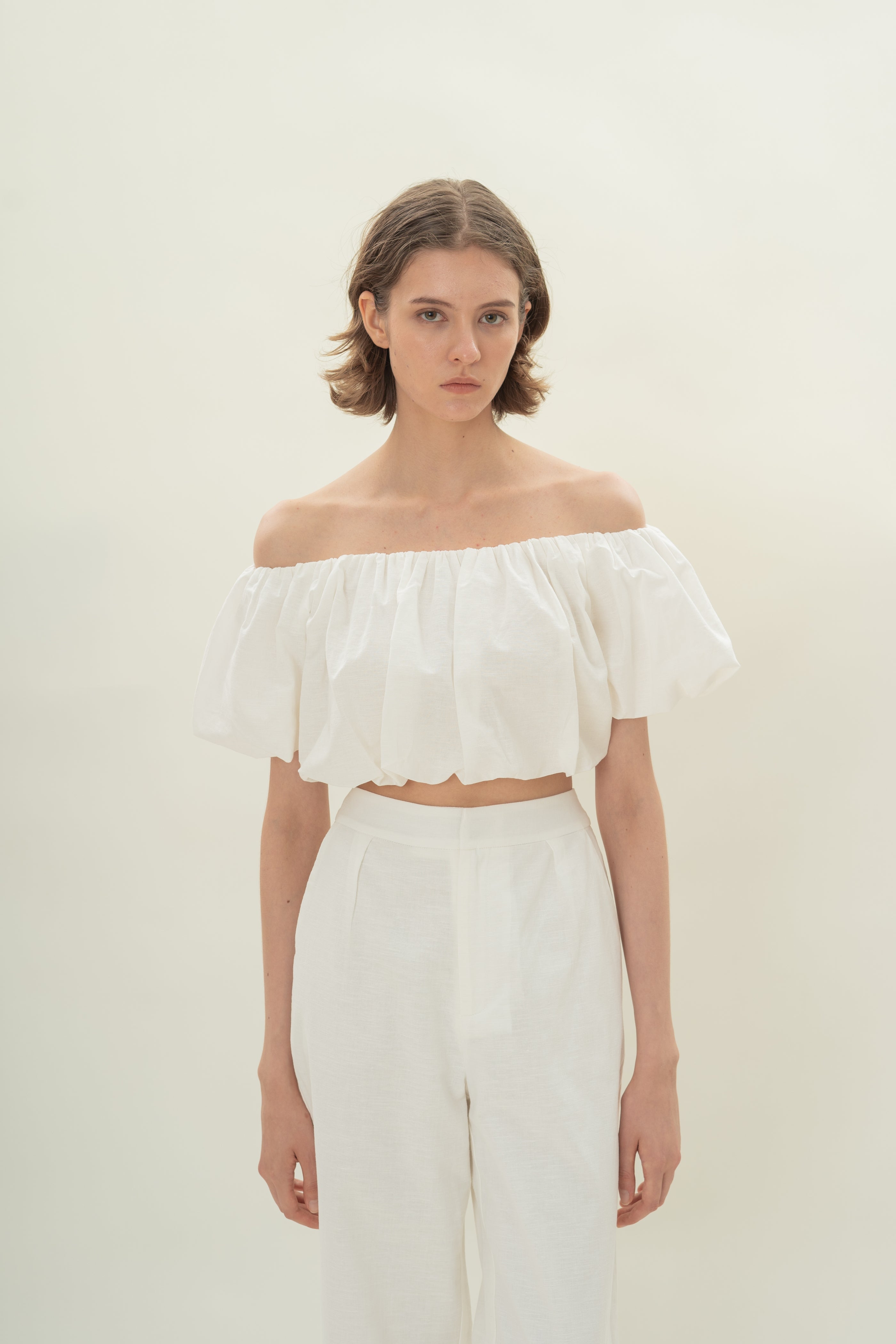 Puff Sleeve Off Shoulder Bubble Top in White