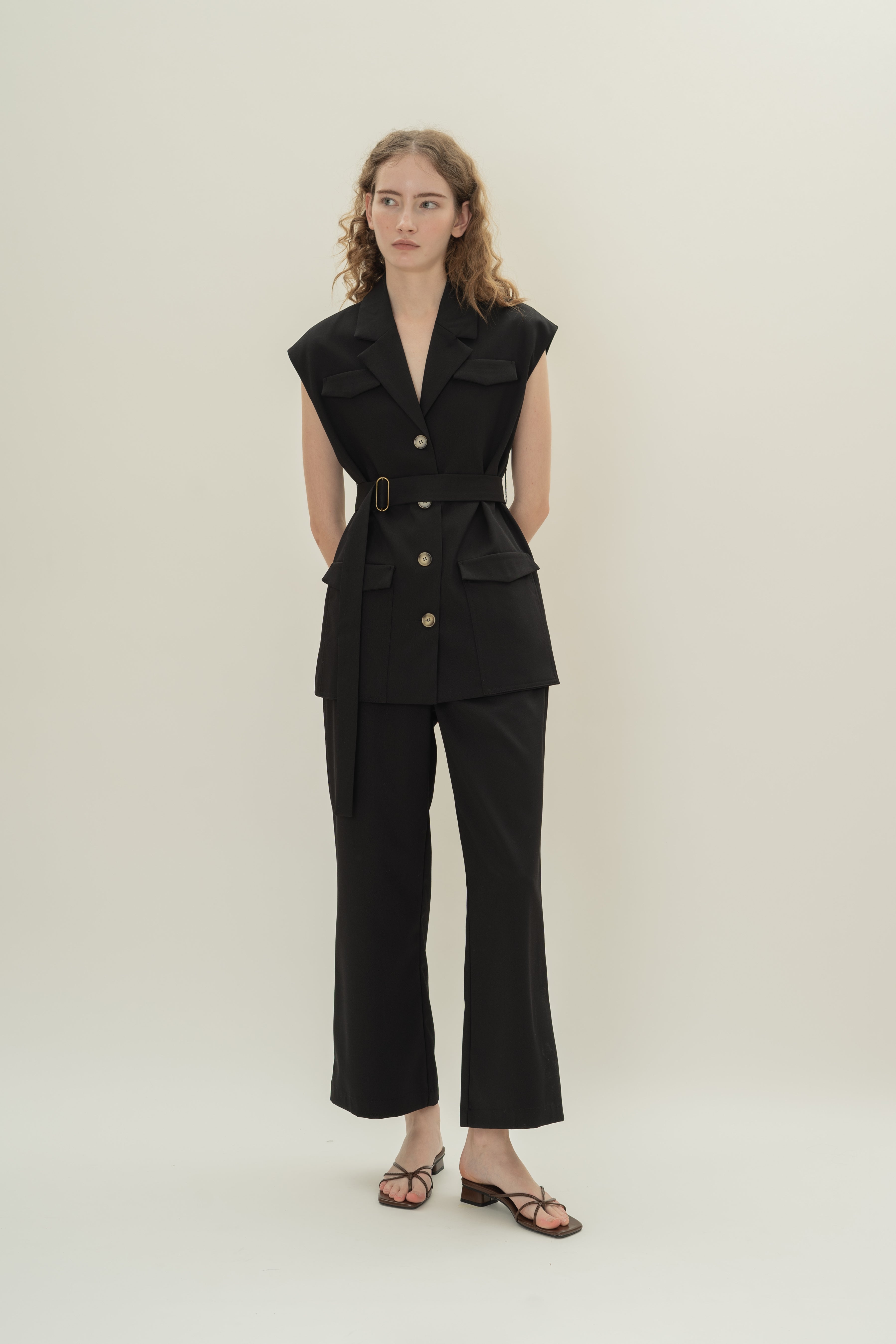 Sleeveless Belted Blazer in Black