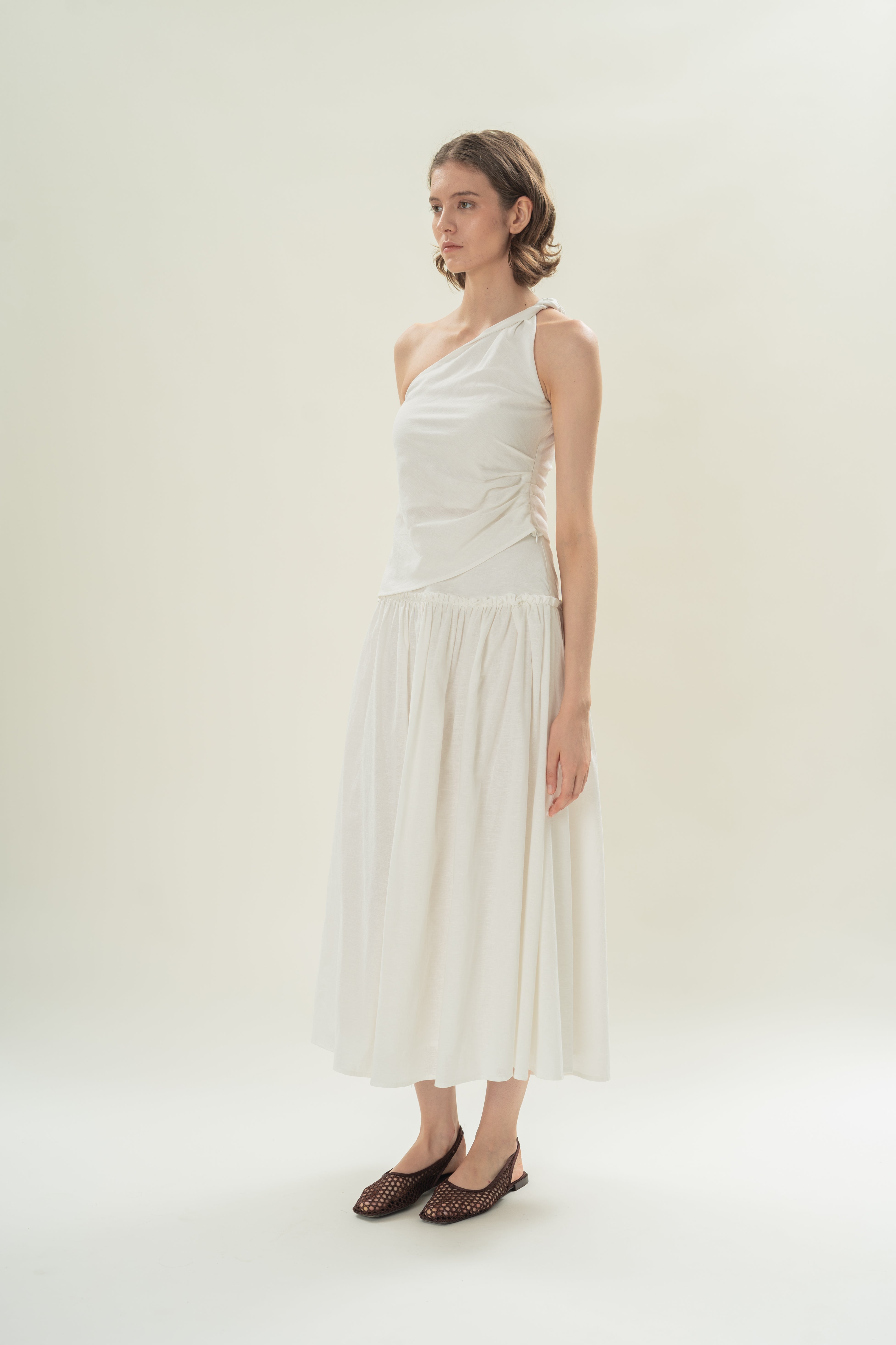 Gathered Panel Skirt With Ruffles in White