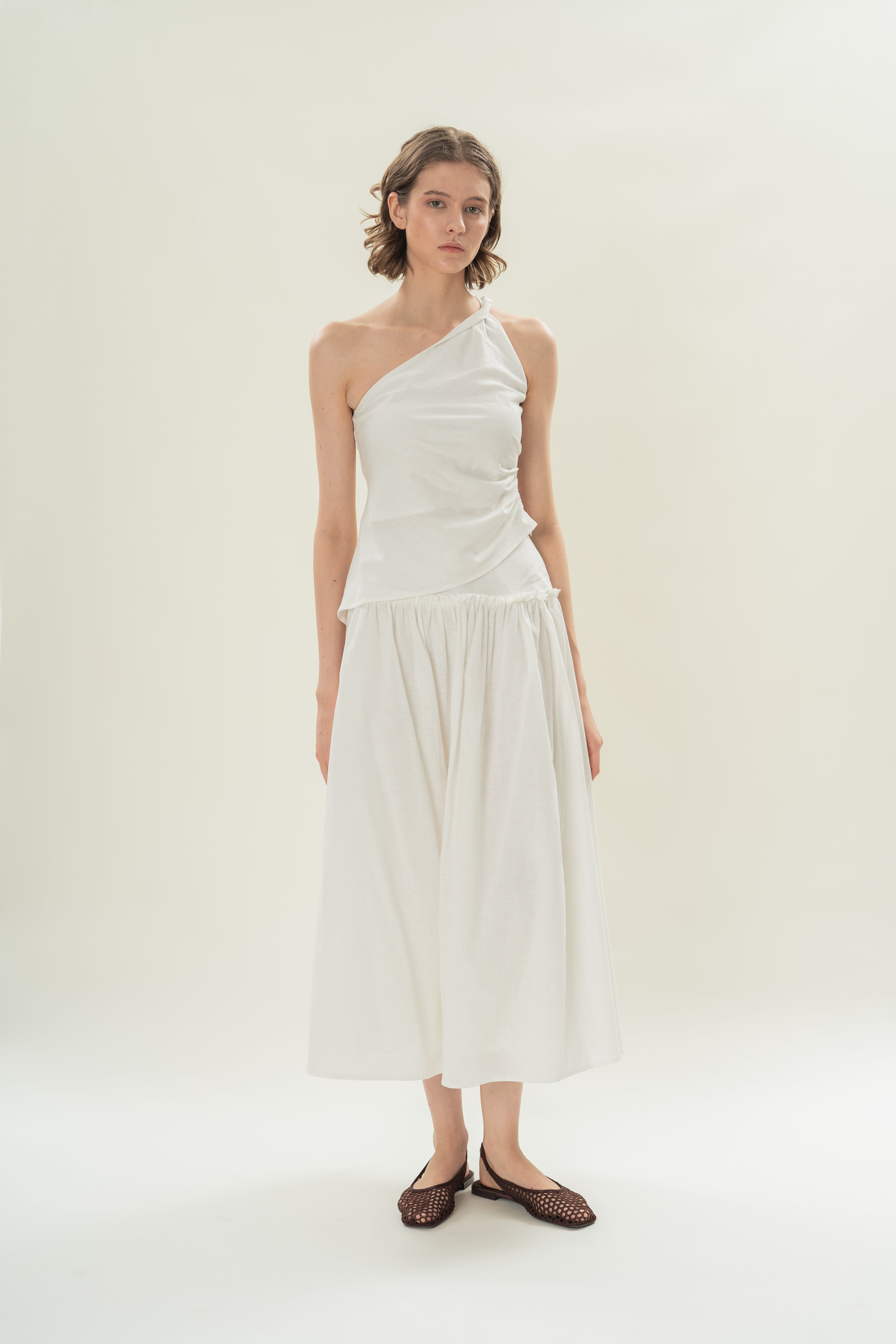 Gathered Panel Skirt With Ruffles in White