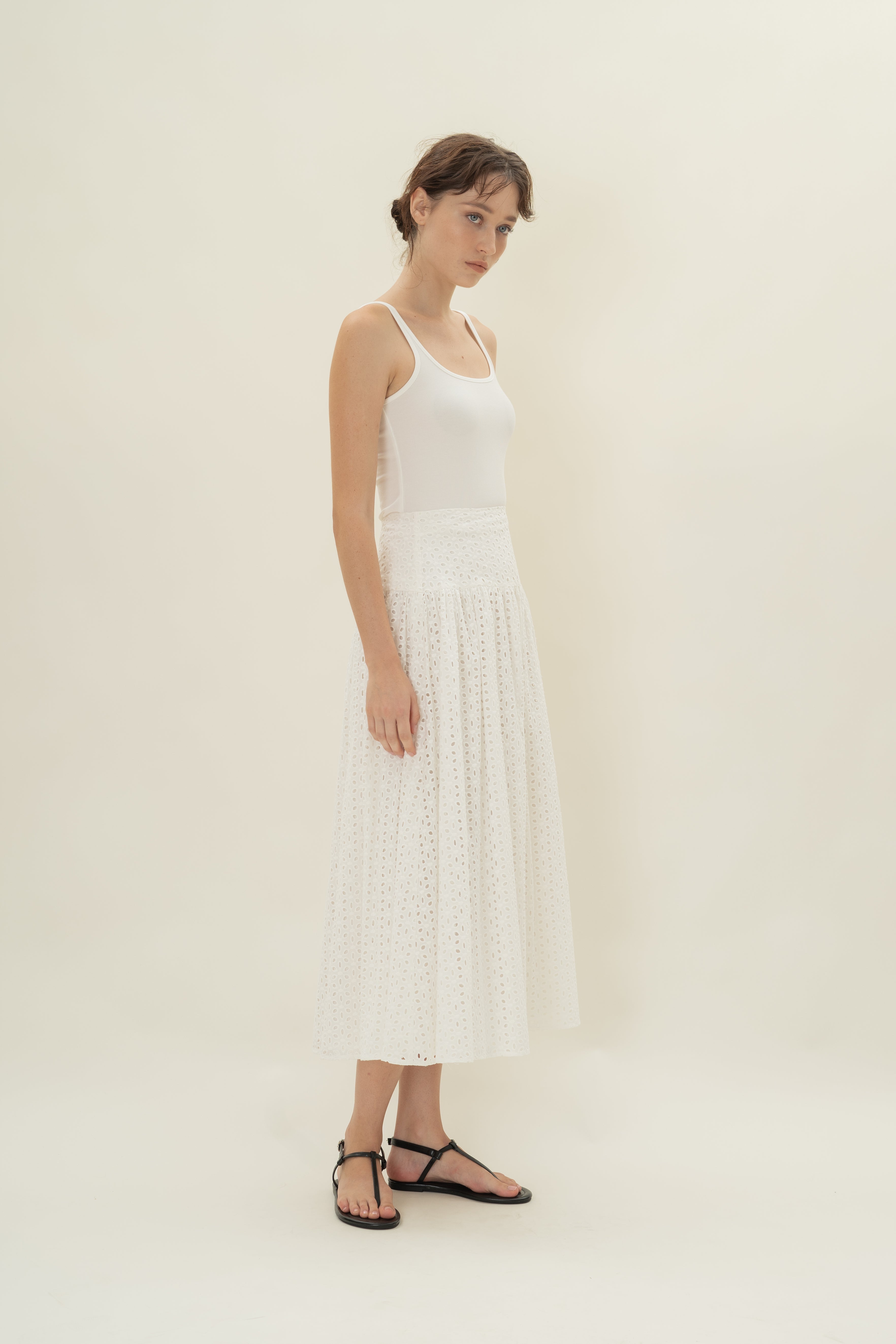 Gathered Panel Skirt in Broderie White