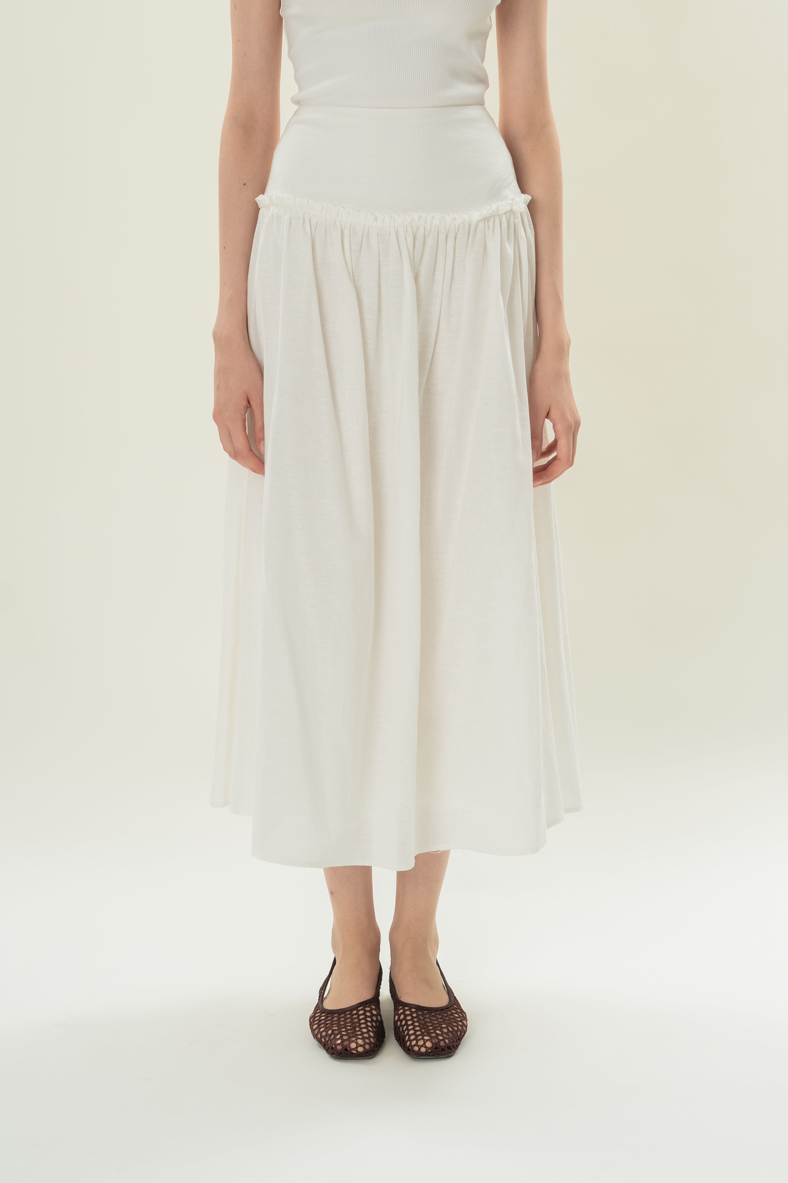 Gathered Panel Skirt With Ruffles in White