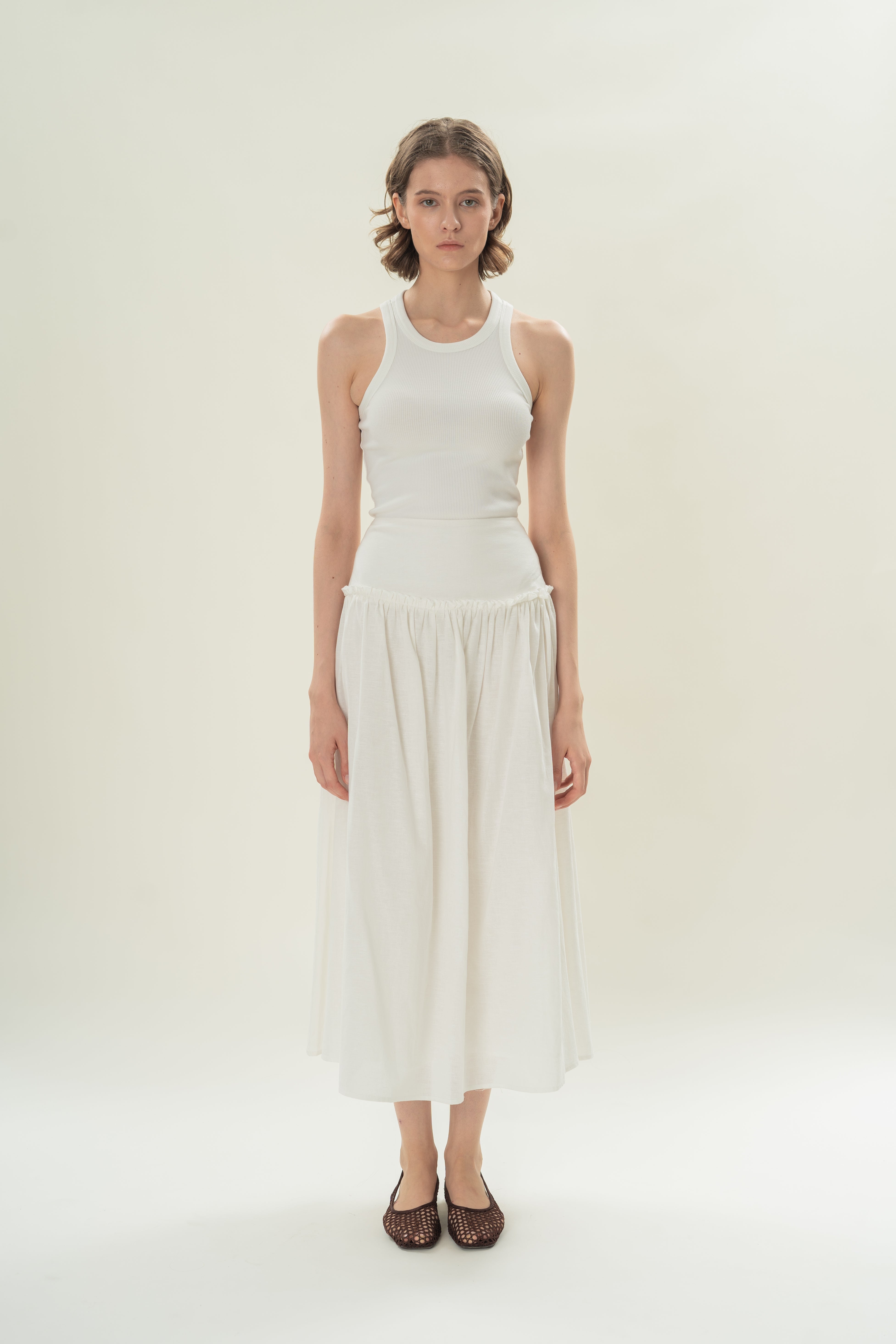 Gathered Panel Skirt With Ruffles in White