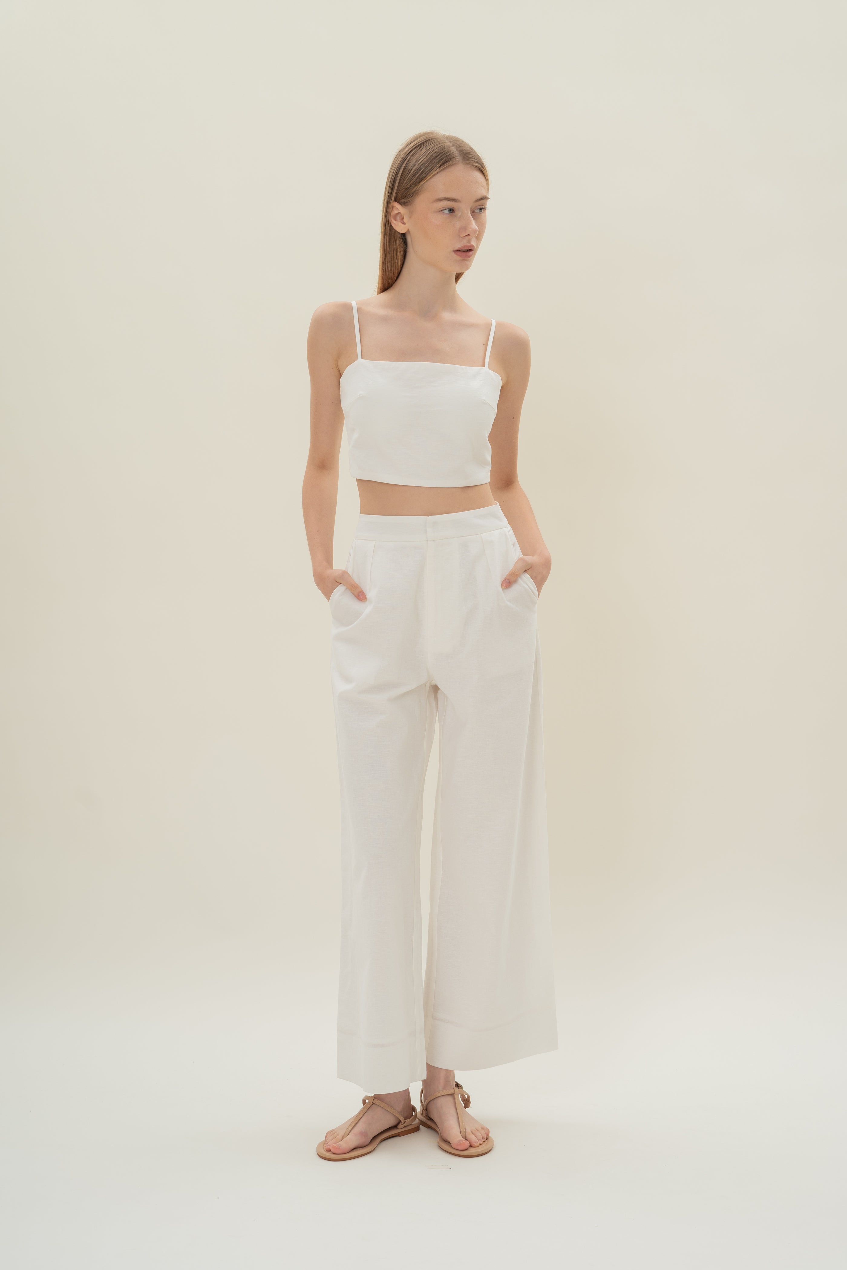 Textured Linen Trousers in White