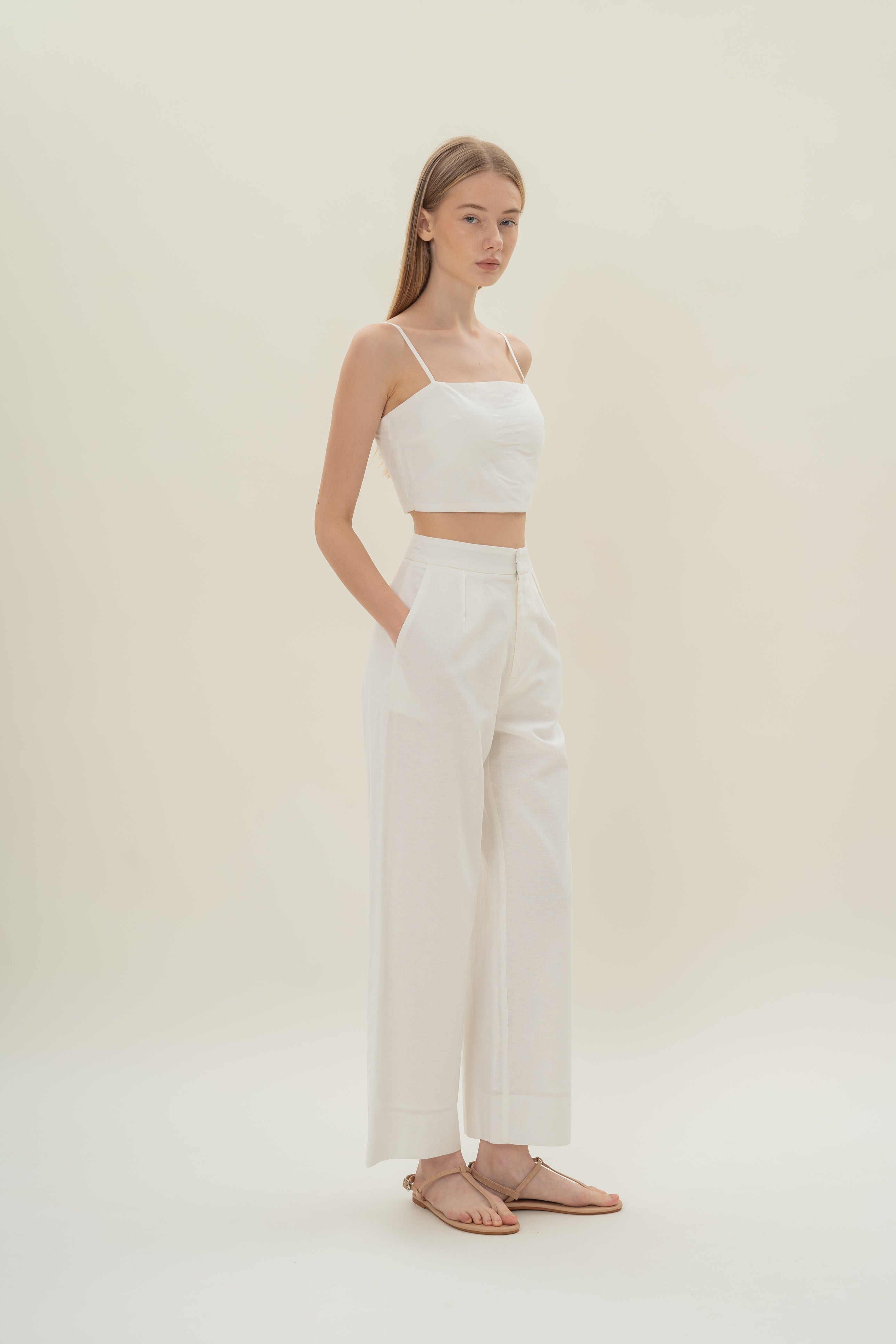 Textured Linen Trousers in White