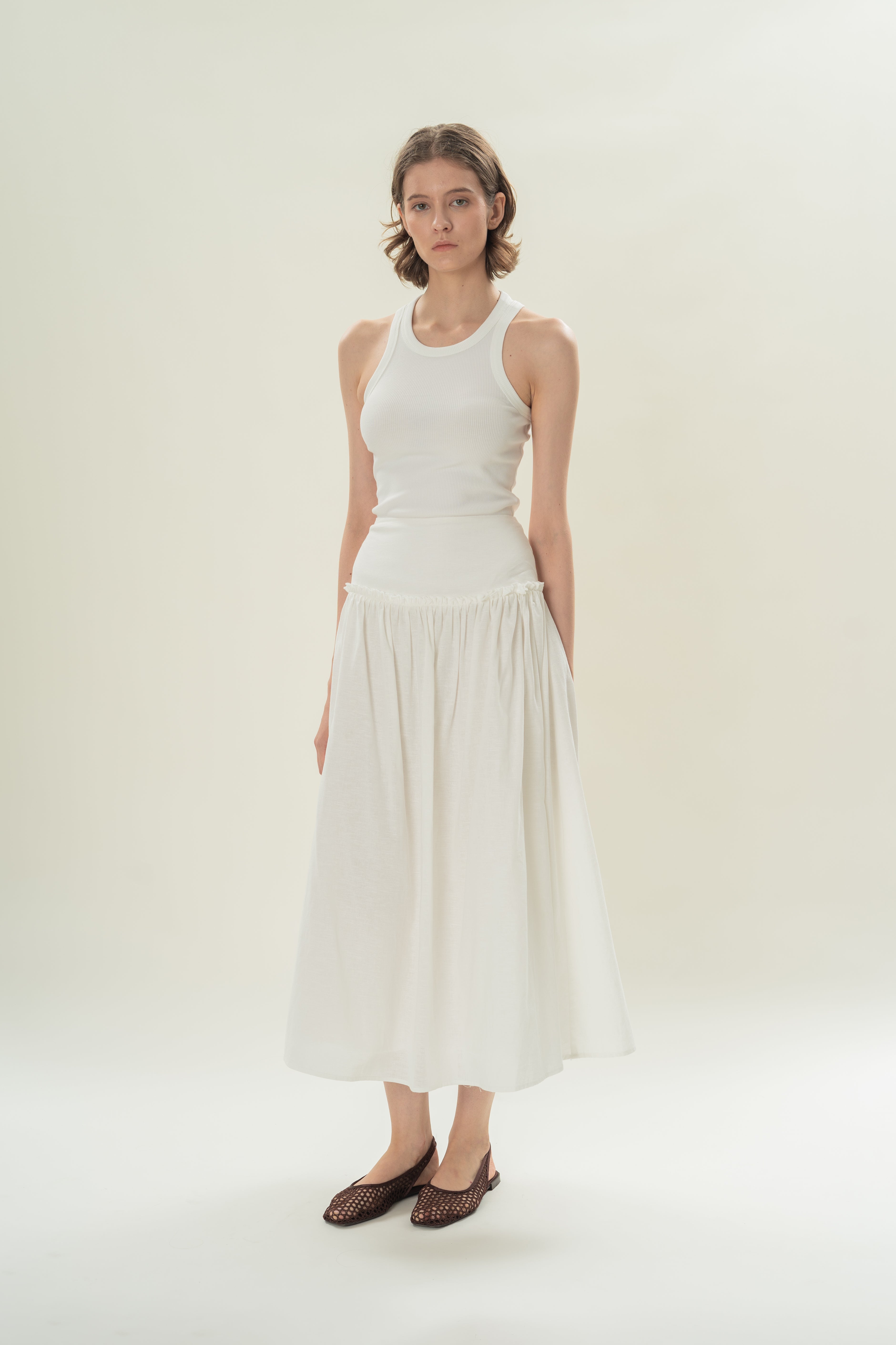 Gathered Panel Skirt With Ruffles in White