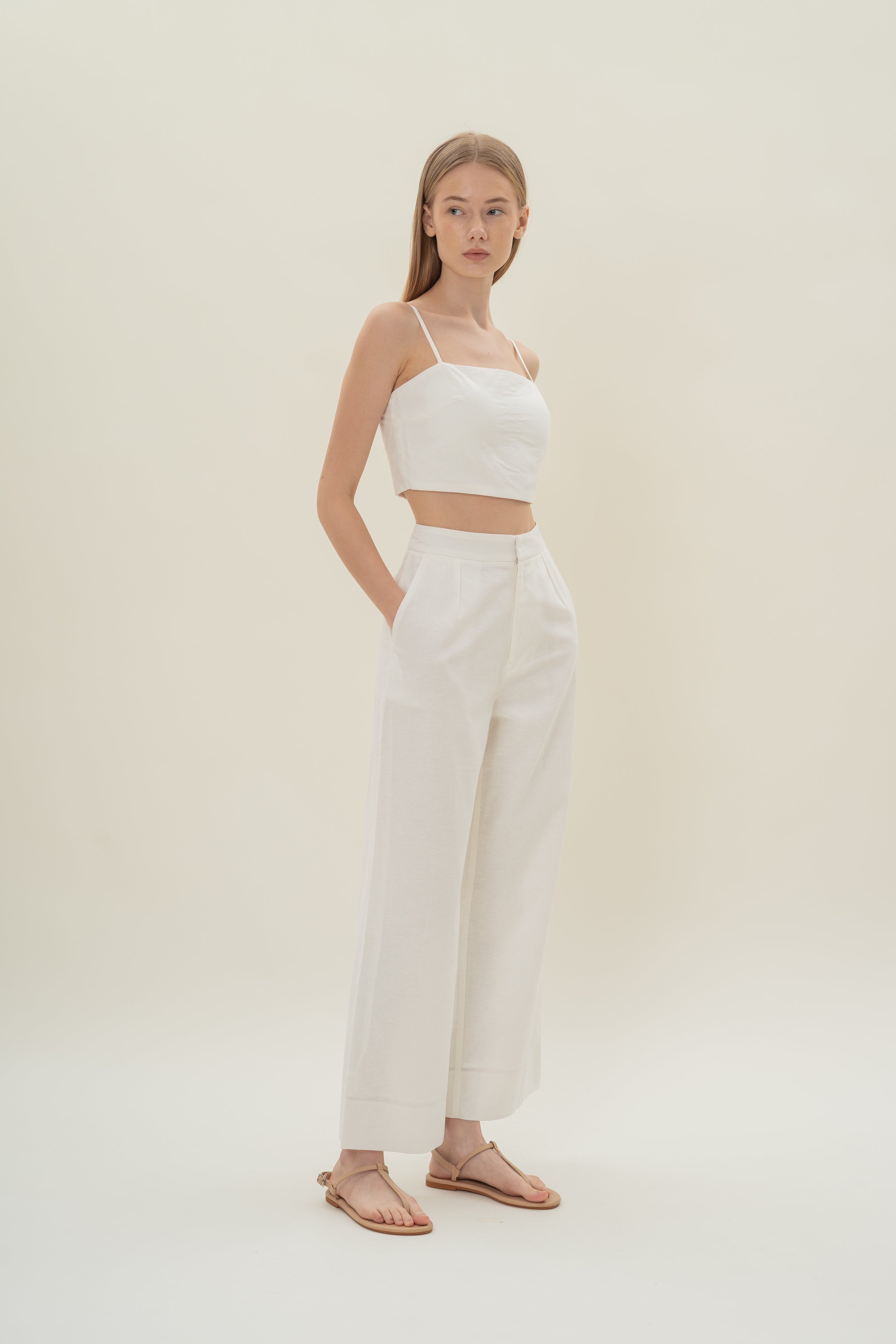 Textured Linen Trousers in White