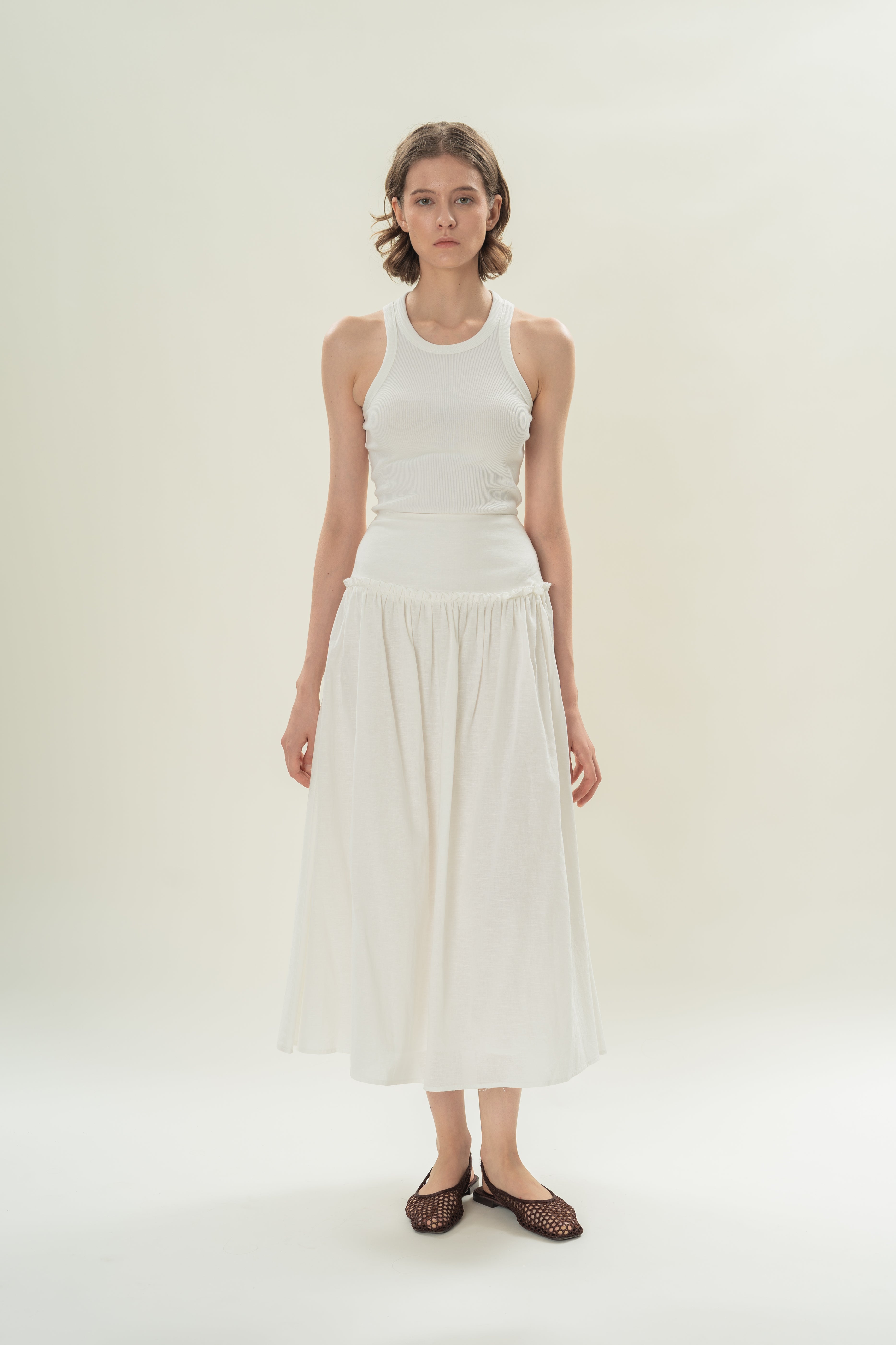 Gathered Panel Skirt With Ruffles in White