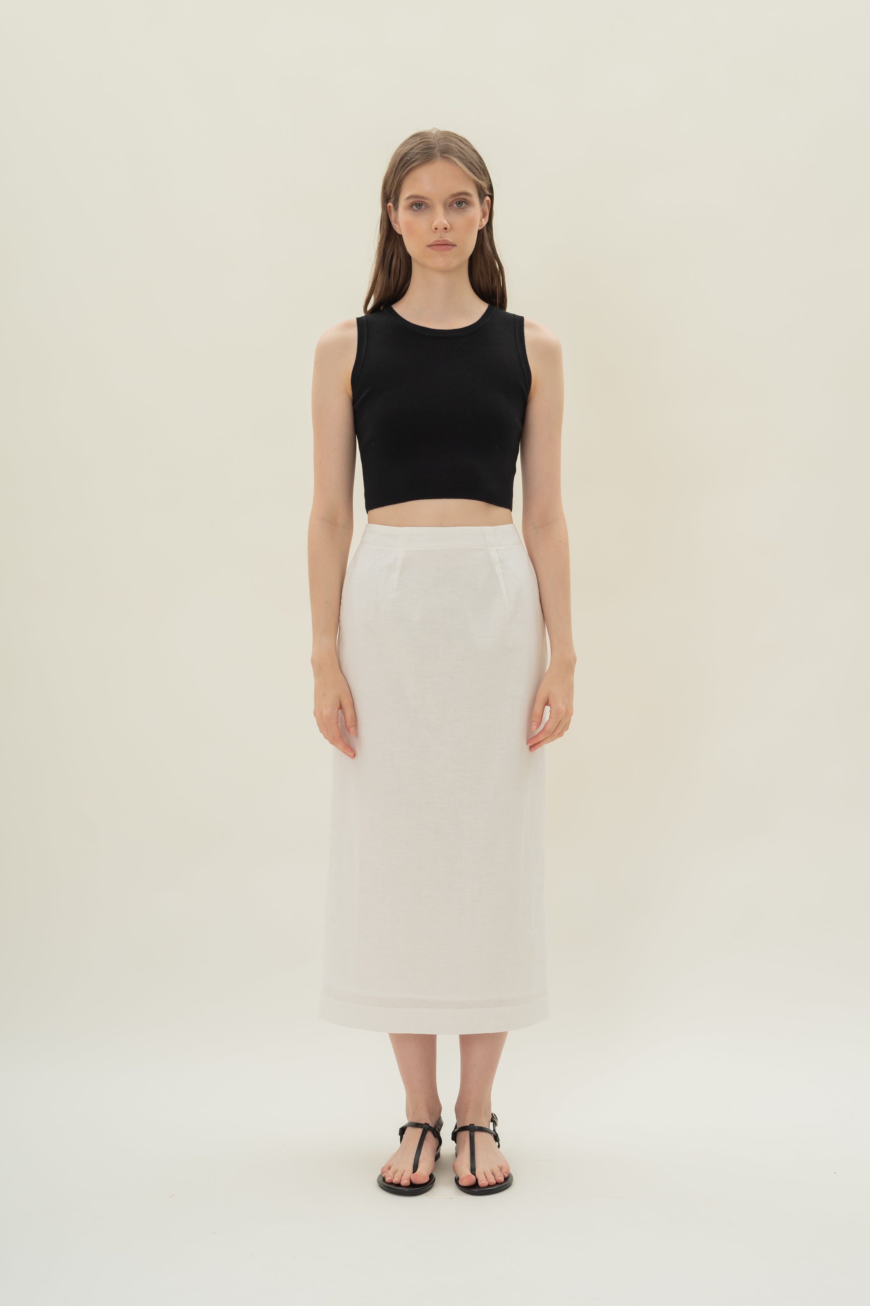 Linen Column Skirt in White