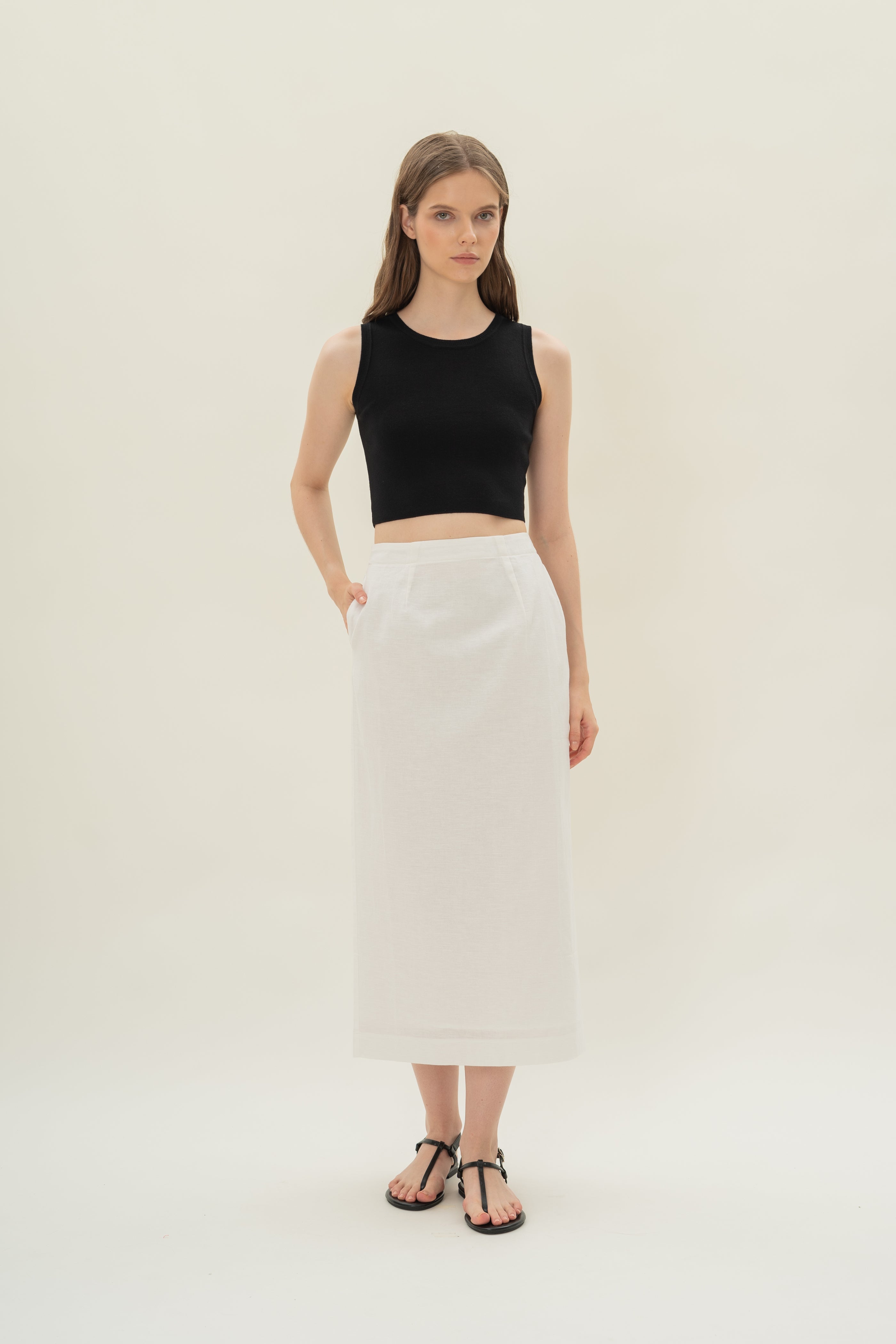 Linen Column Skirt in White