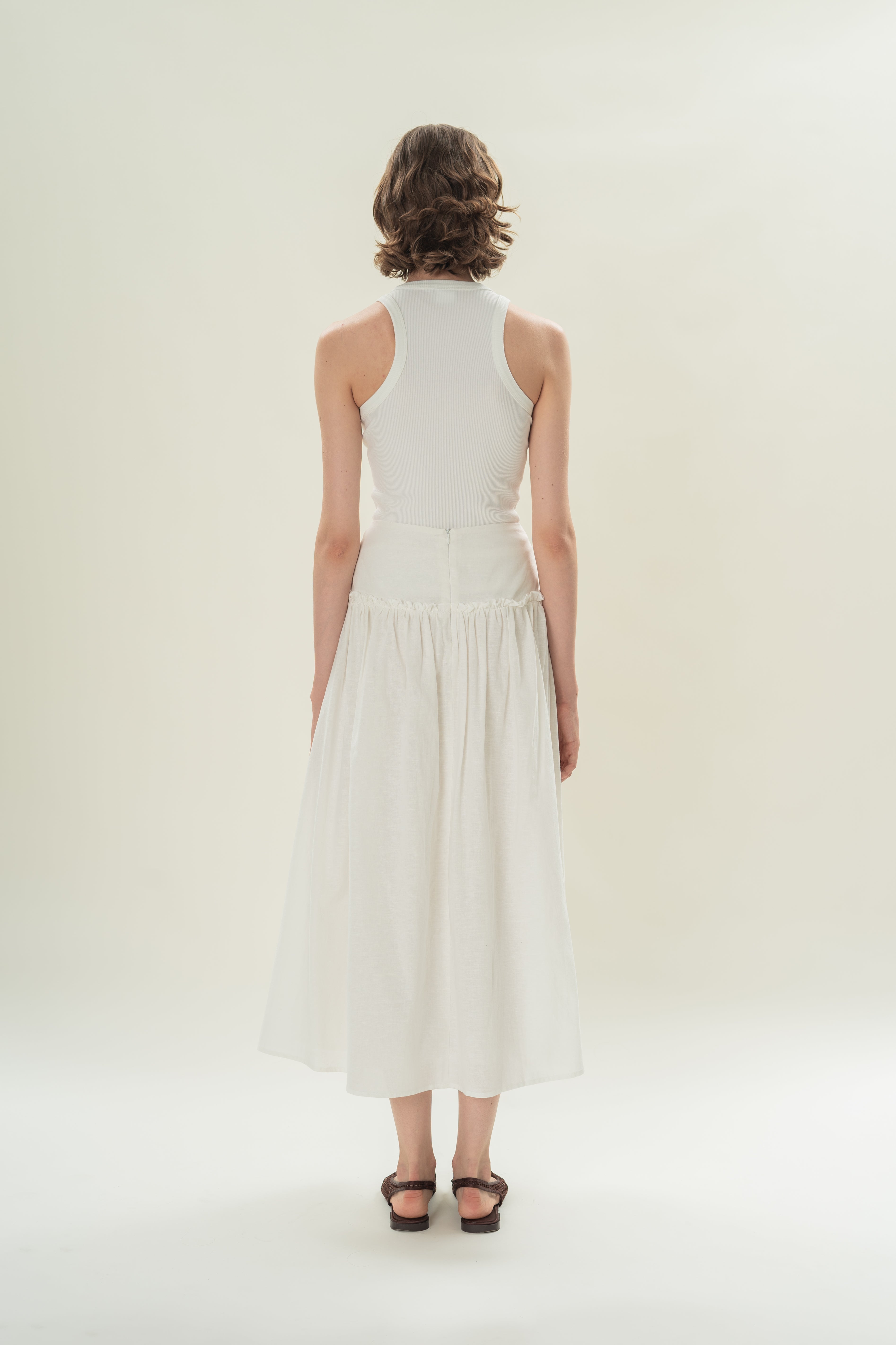 Gathered Panel Skirt With Ruffles in White