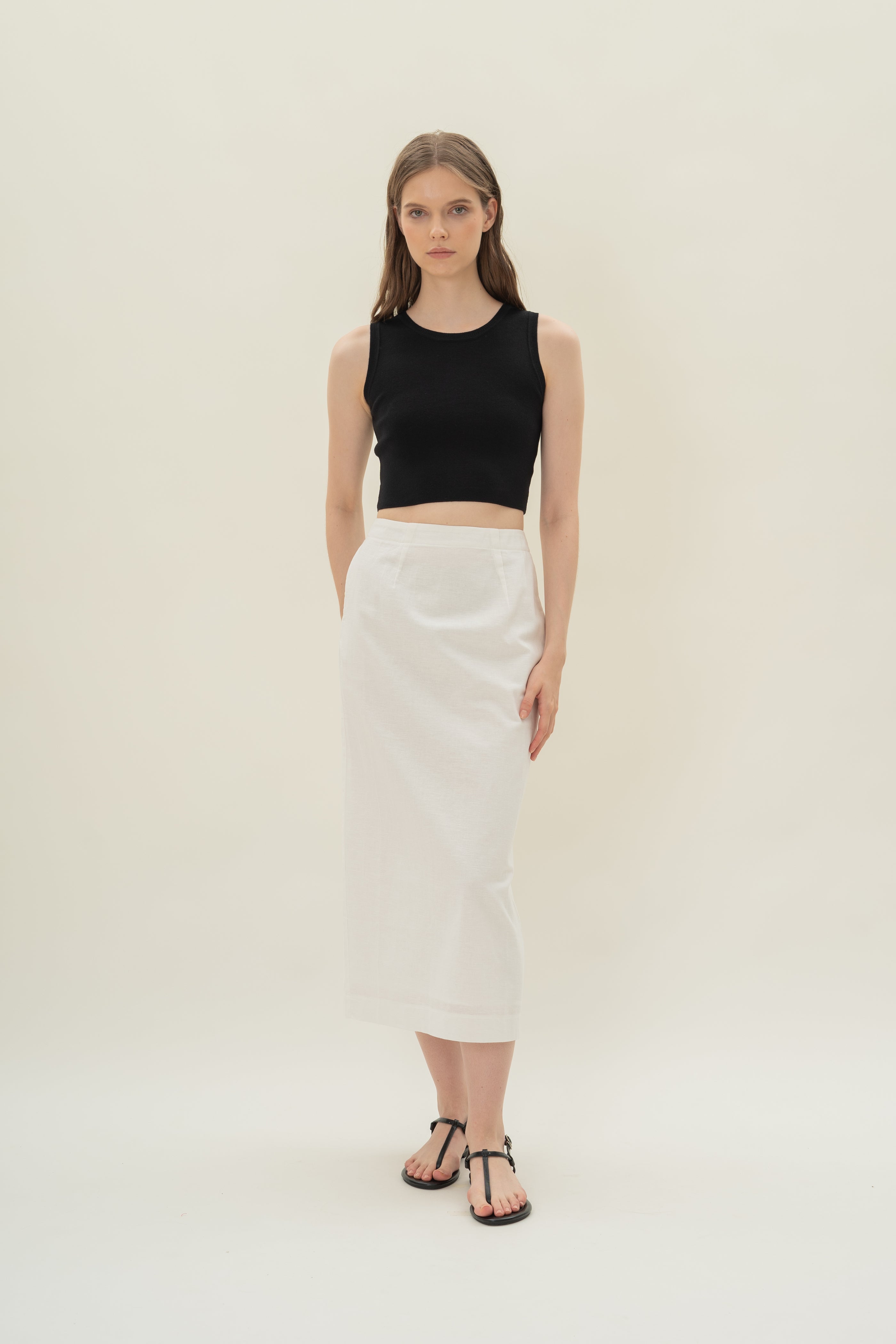 Linen Column Skirt in White