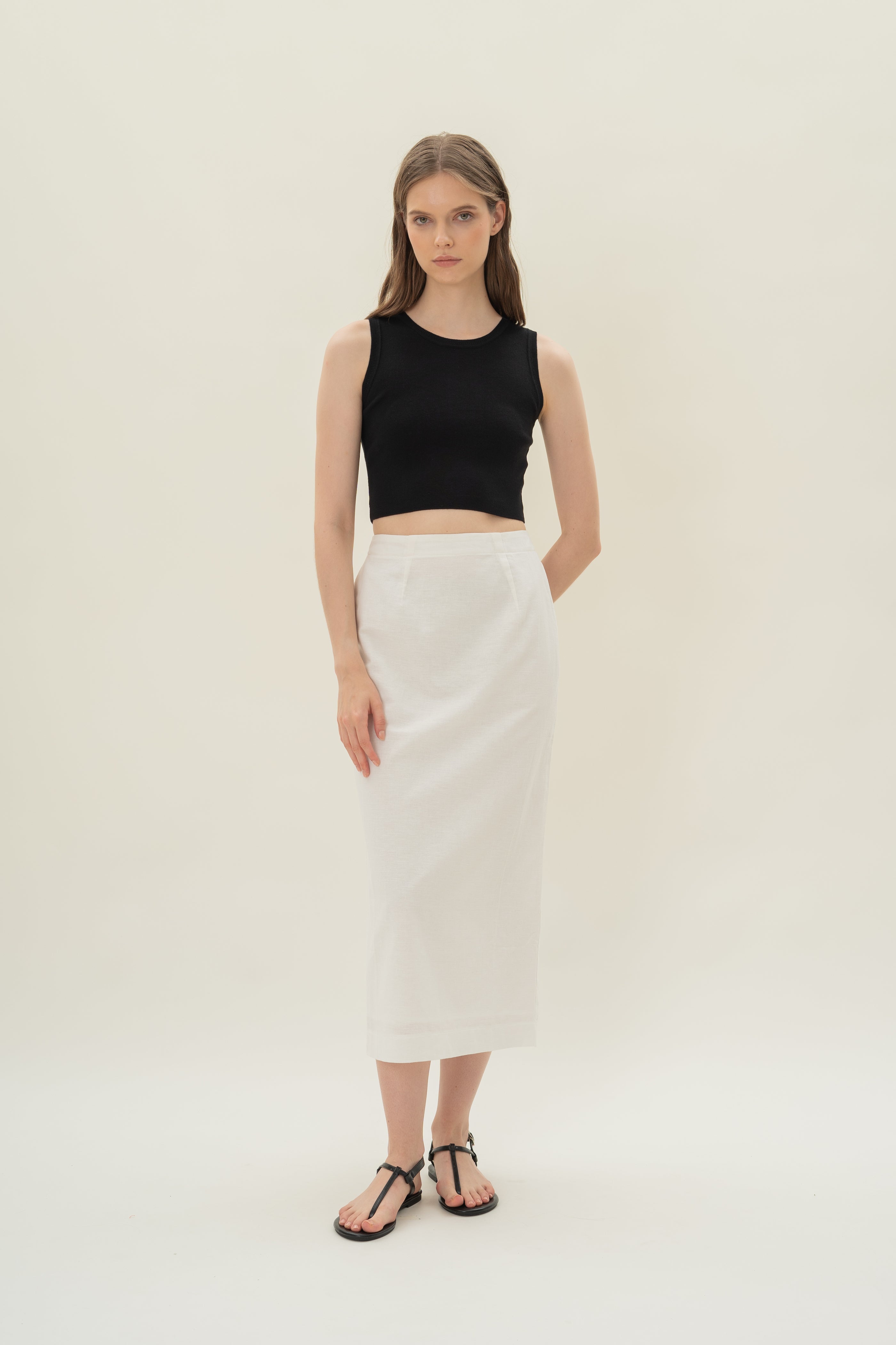 Linen Column Skirt in White