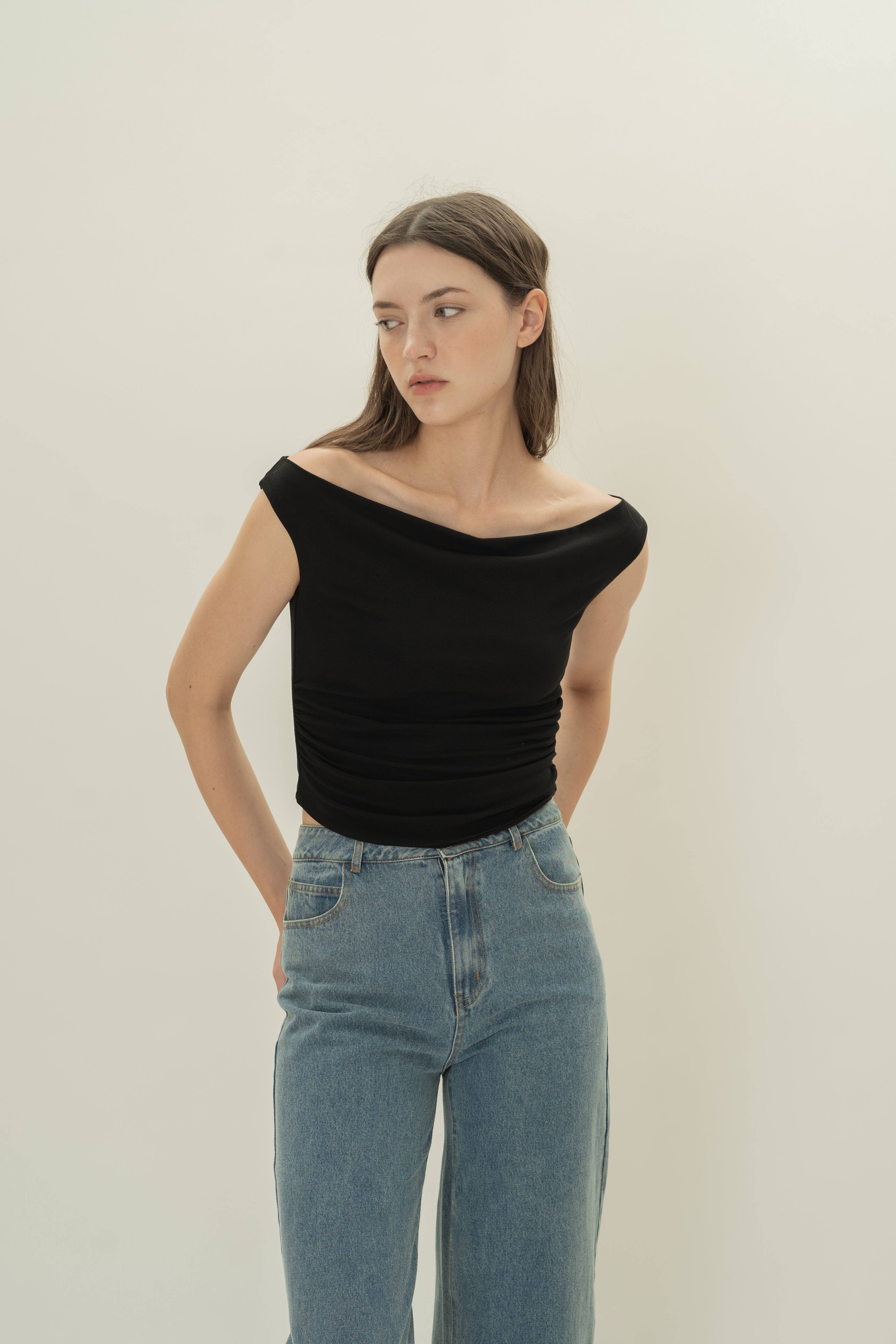 Off Shoulder Ruched Waist Top in Black