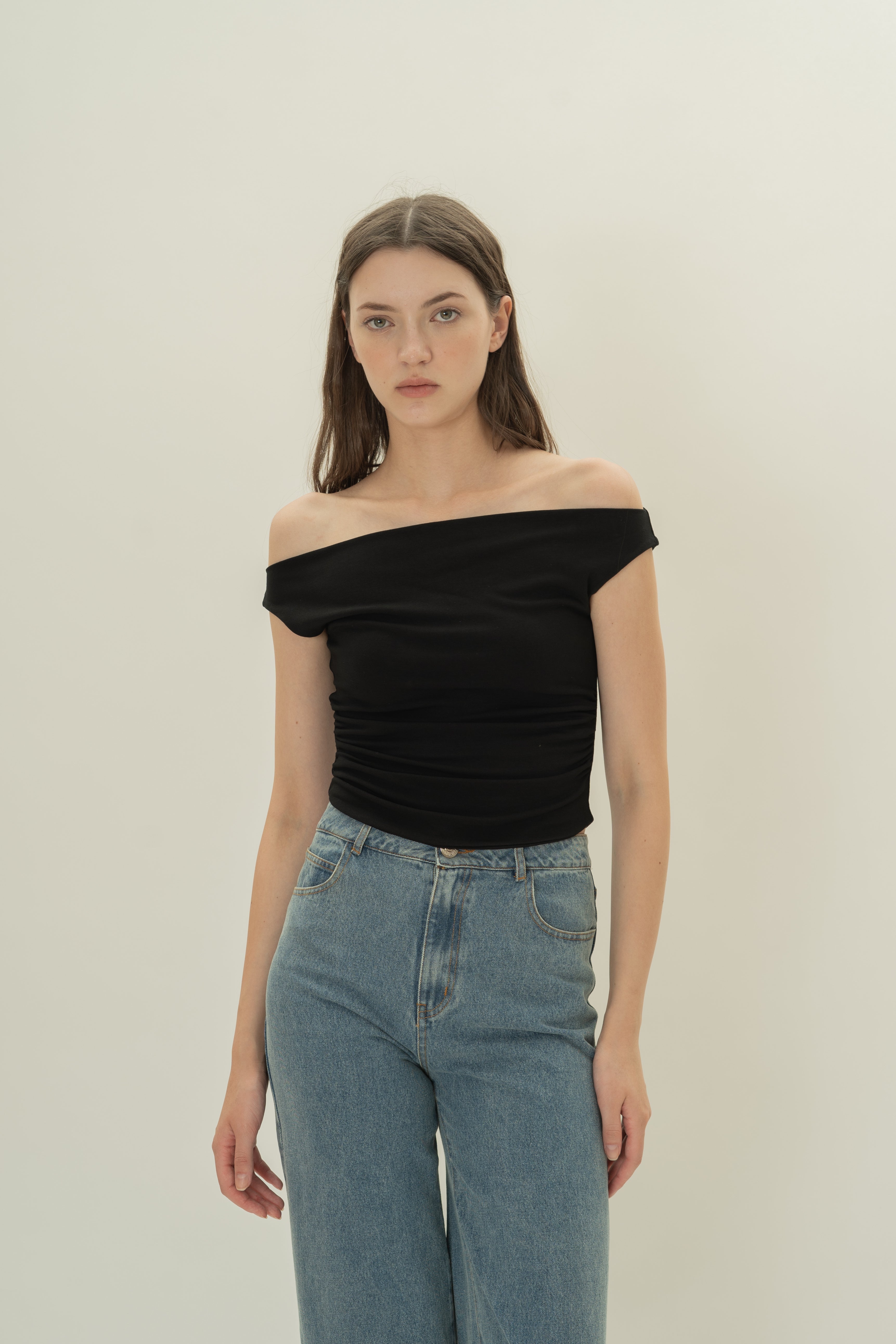 Off Shoulder Ruched Waist Top in Black