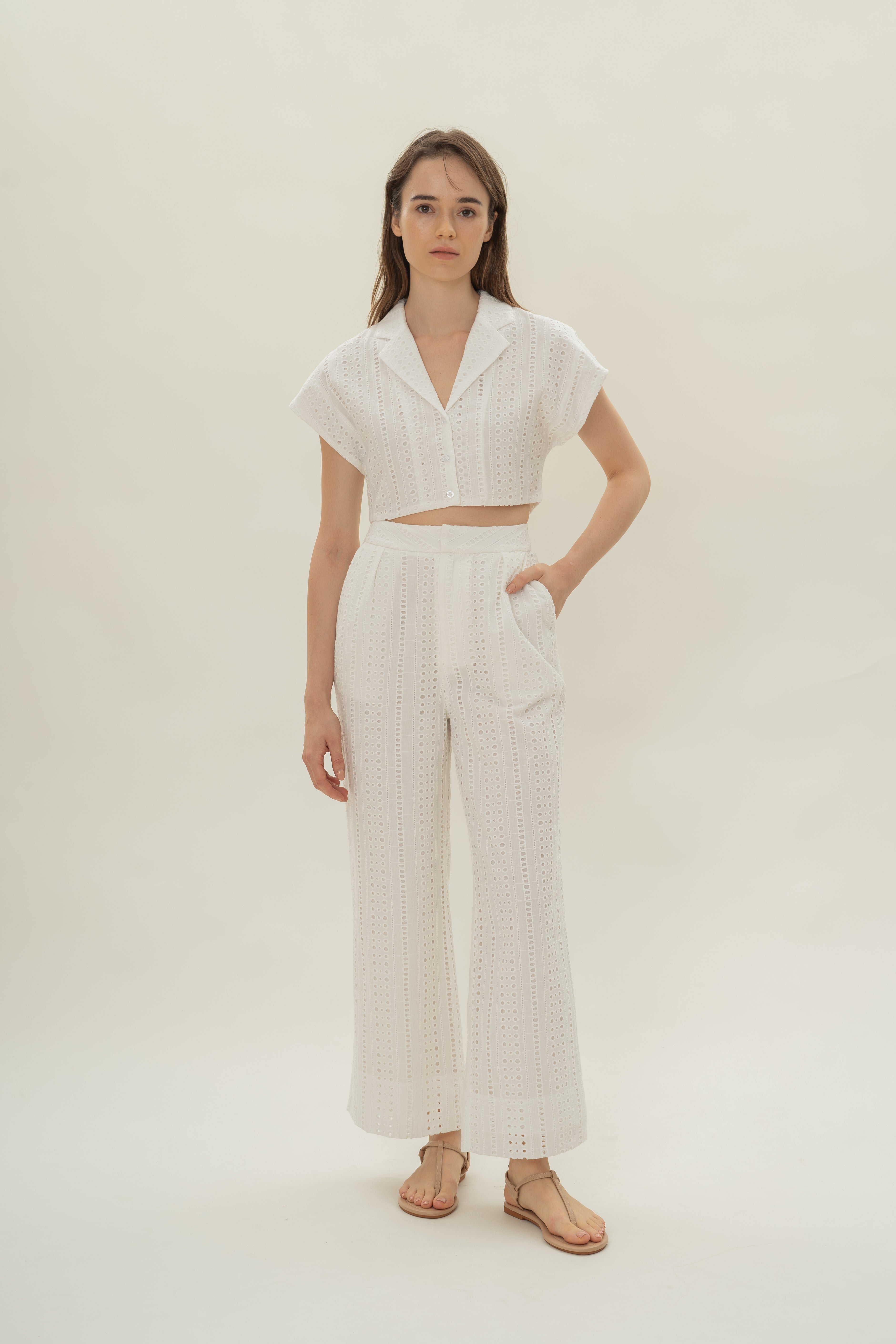 Broderie Anglaise Pleated Trousers in White