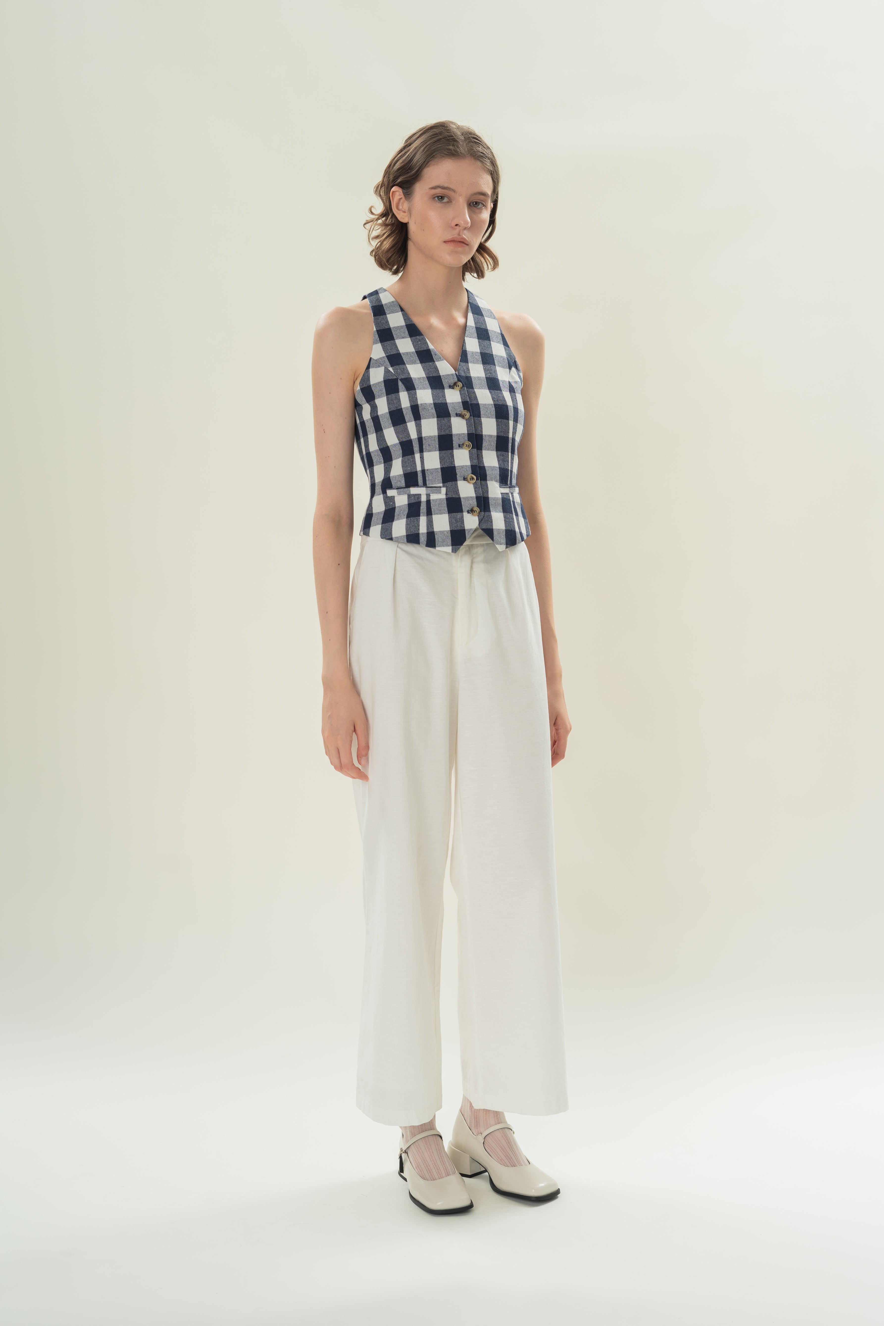 Linen Halter Padded Waistcoat in Navy Gingham