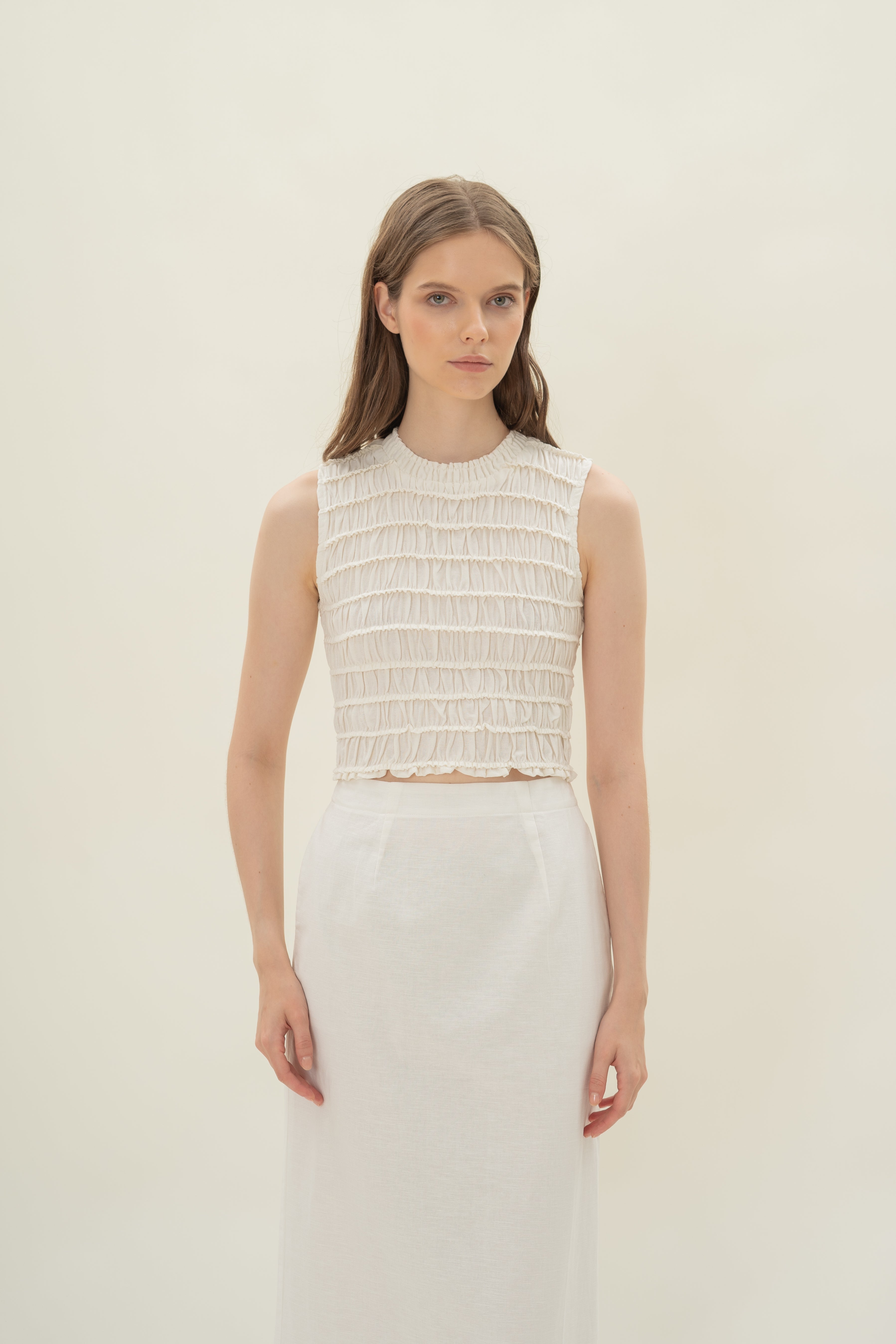 Linen Shirred Top in White