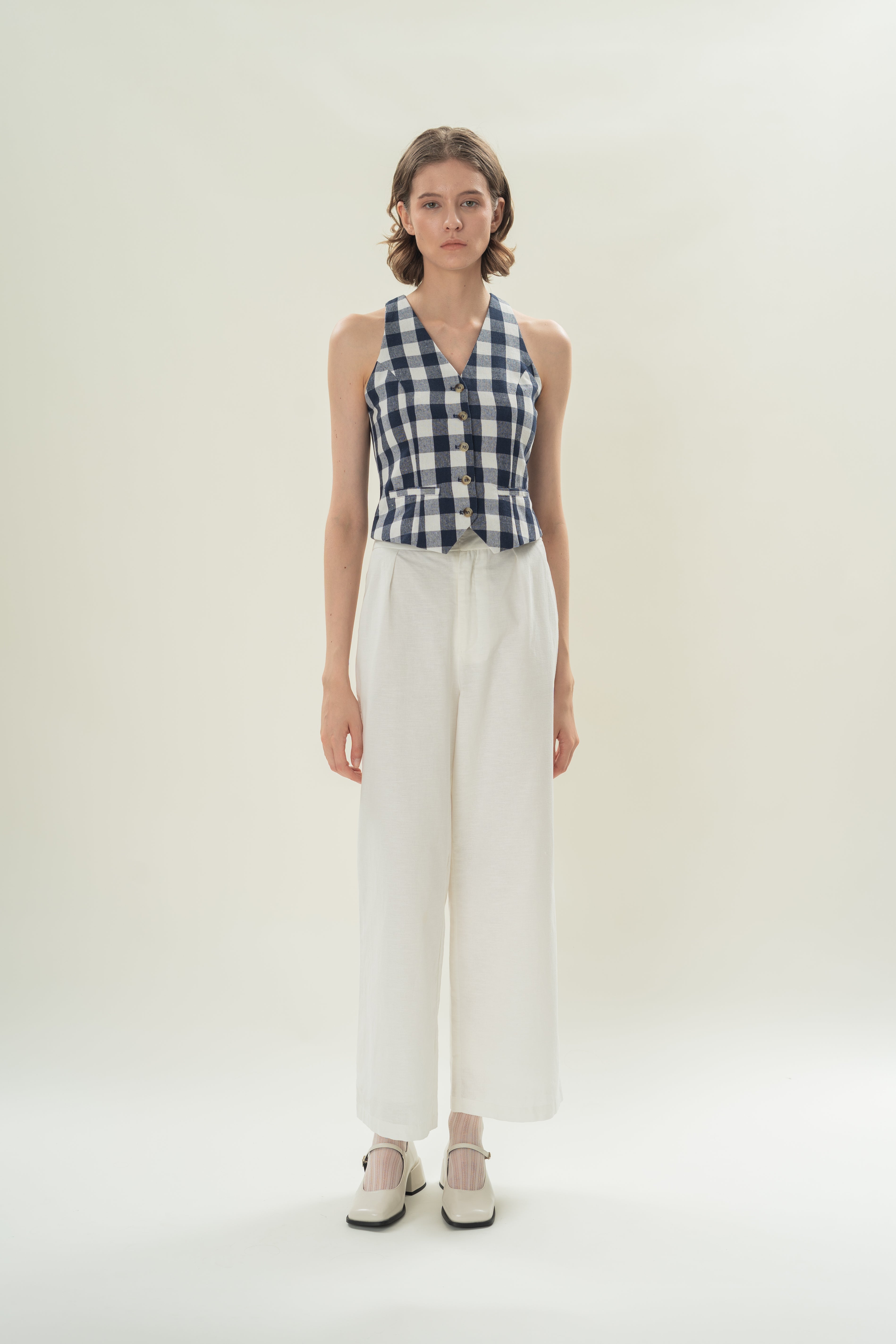 Linen Halter Padded Waistcoat in Navy Gingham