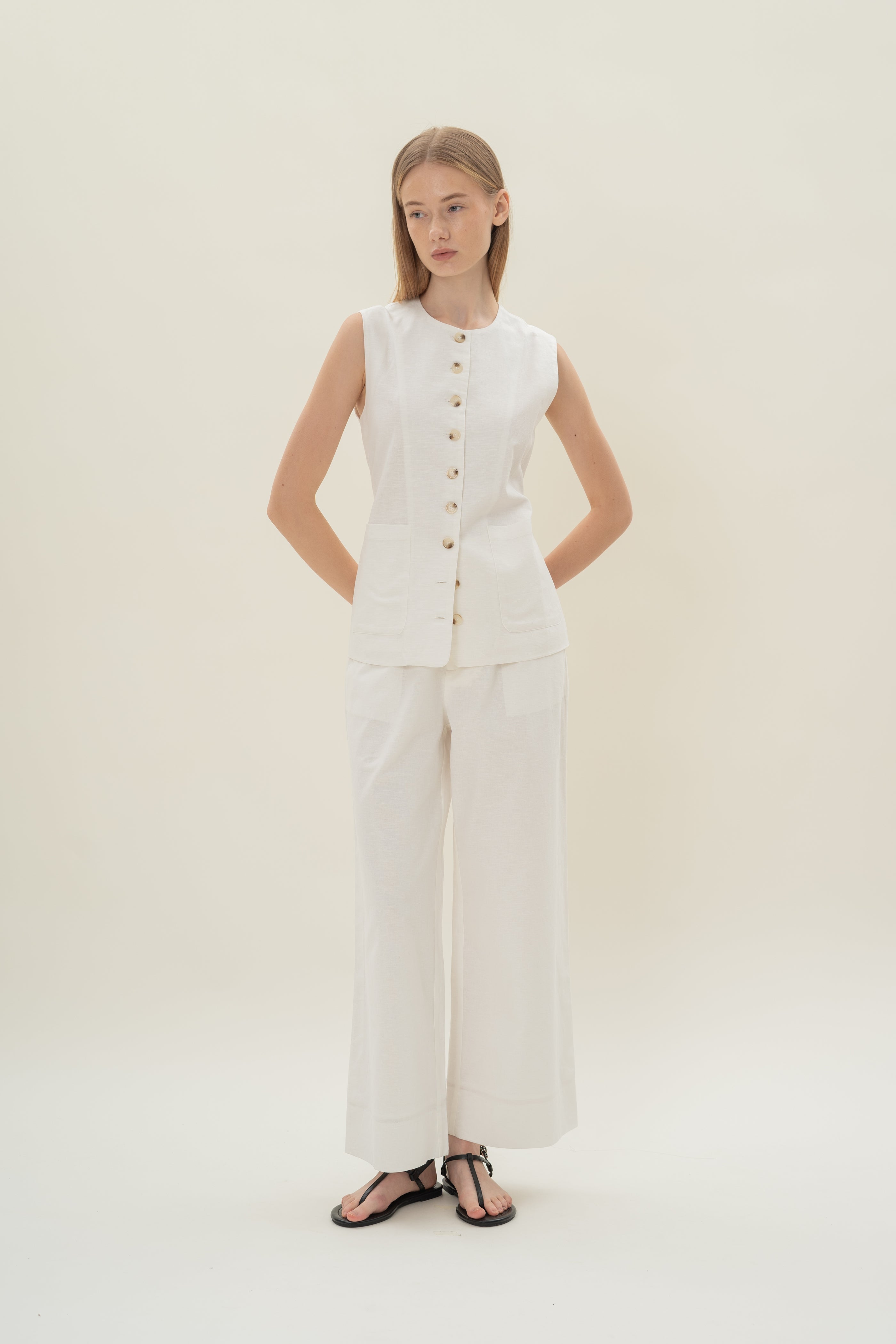 Long Round Neck Waistcoat in White