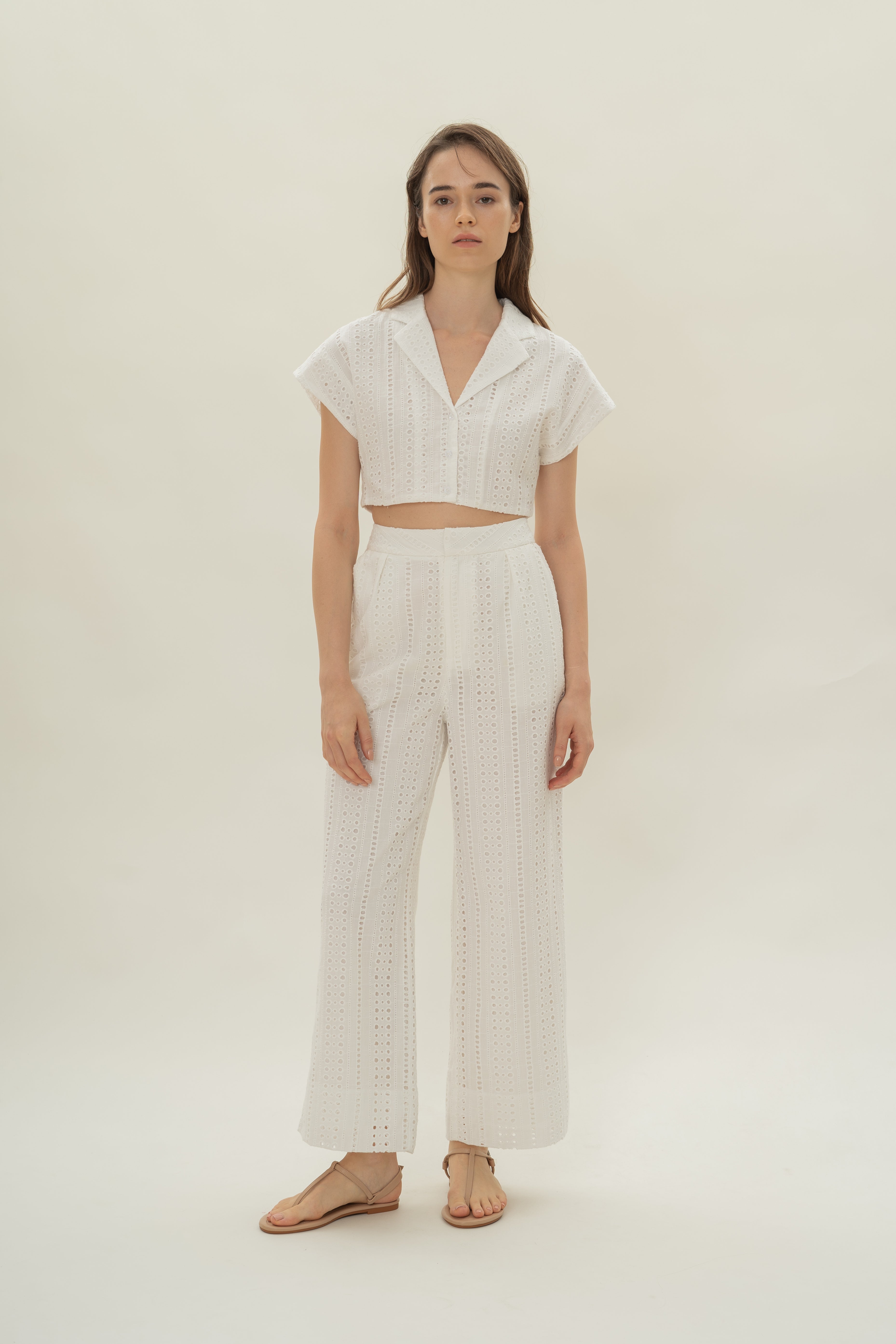 Broderie Anglaise Pleated Trousers in White