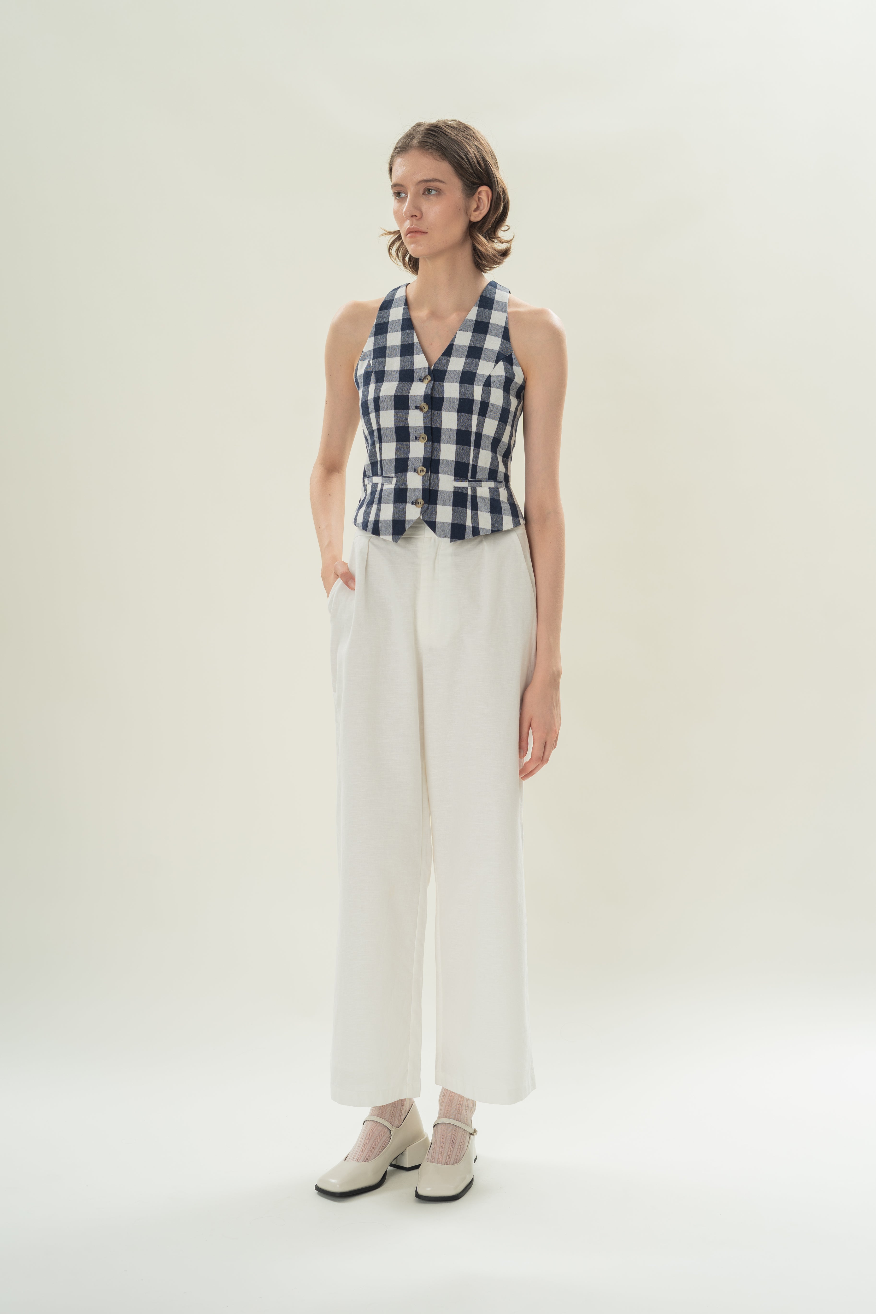 Linen Halter Padded Waistcoat in Navy Gingham