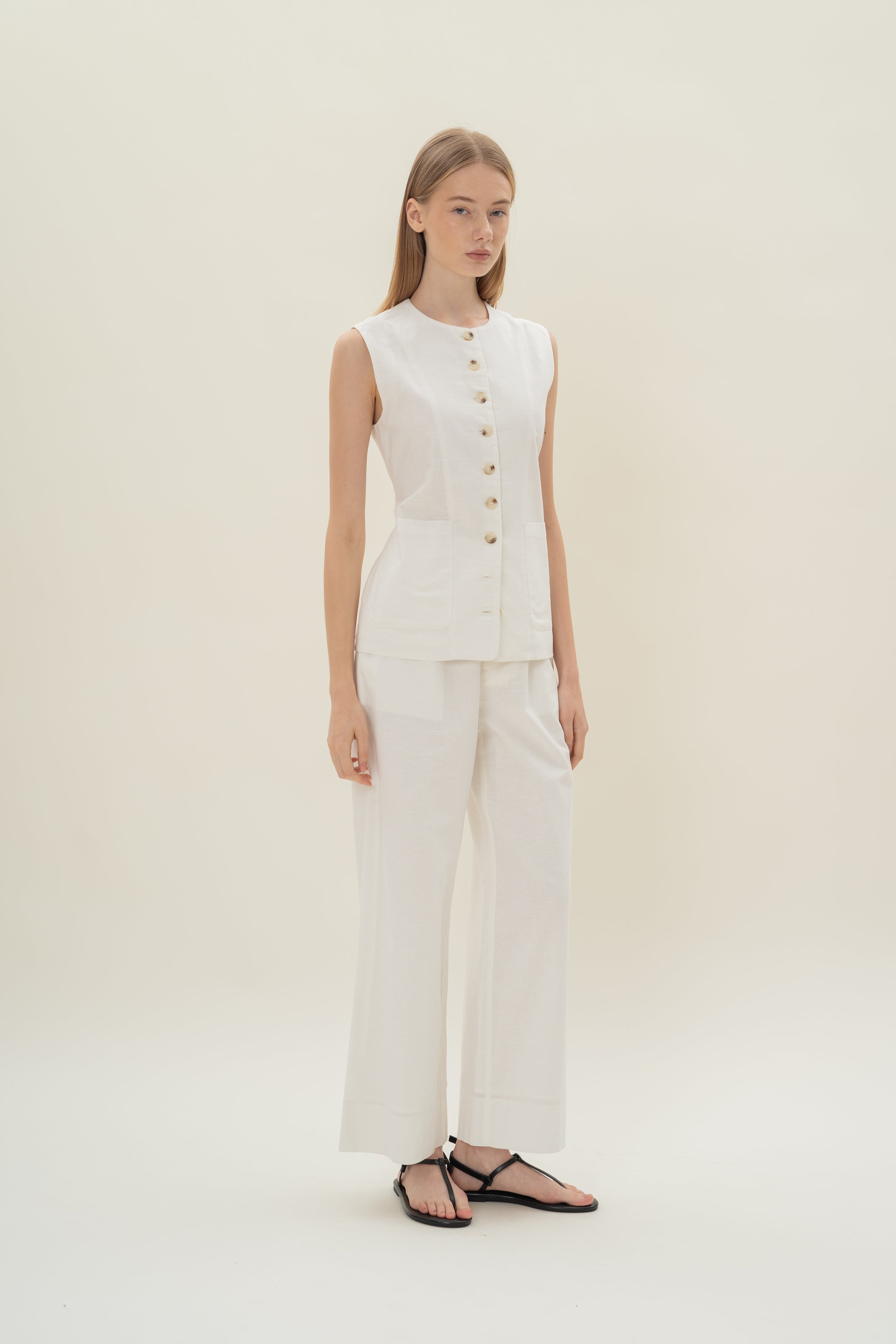 Long Round Neck Waistcoat in White