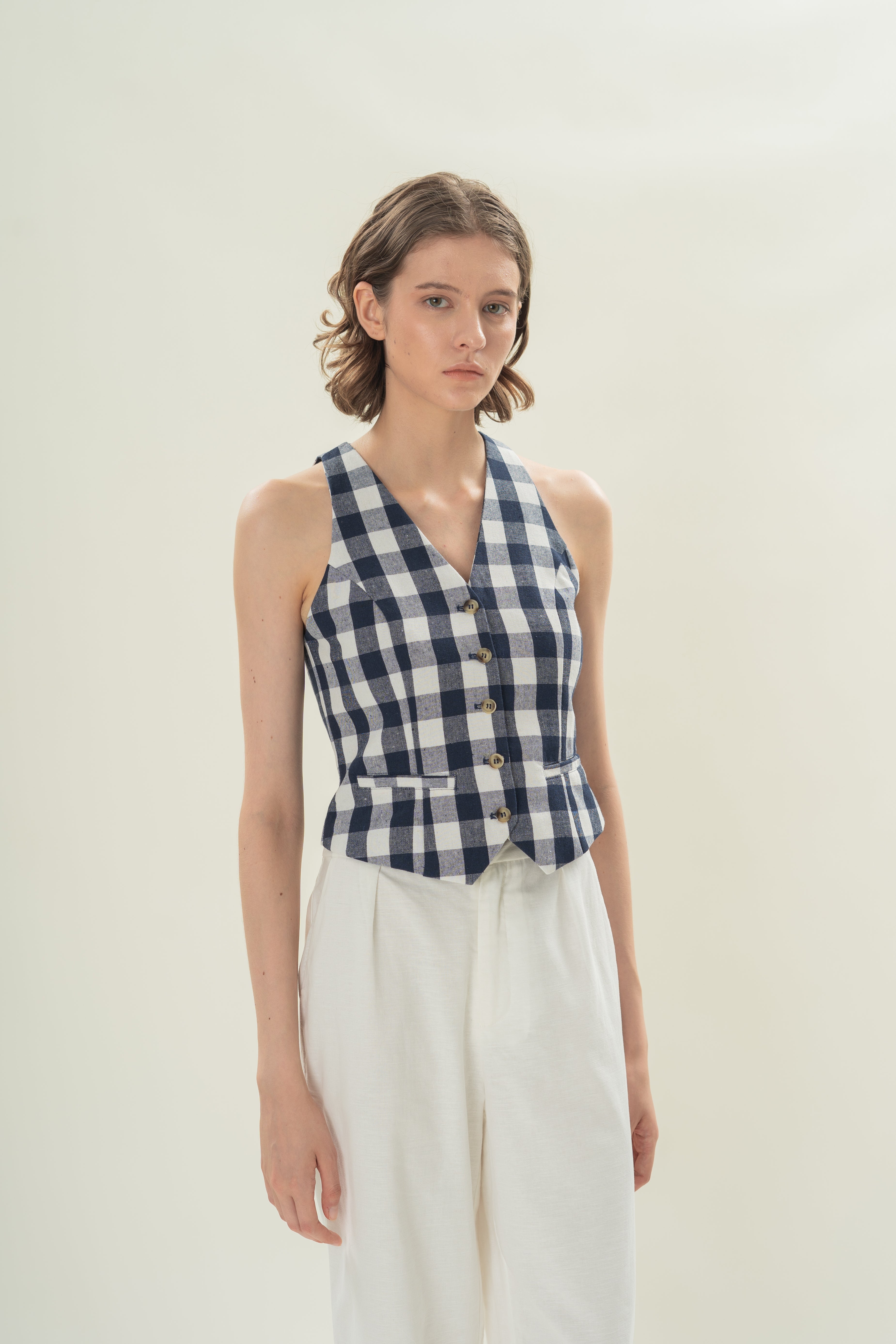 Linen Halter Padded Waistcoat in Navy Gingham