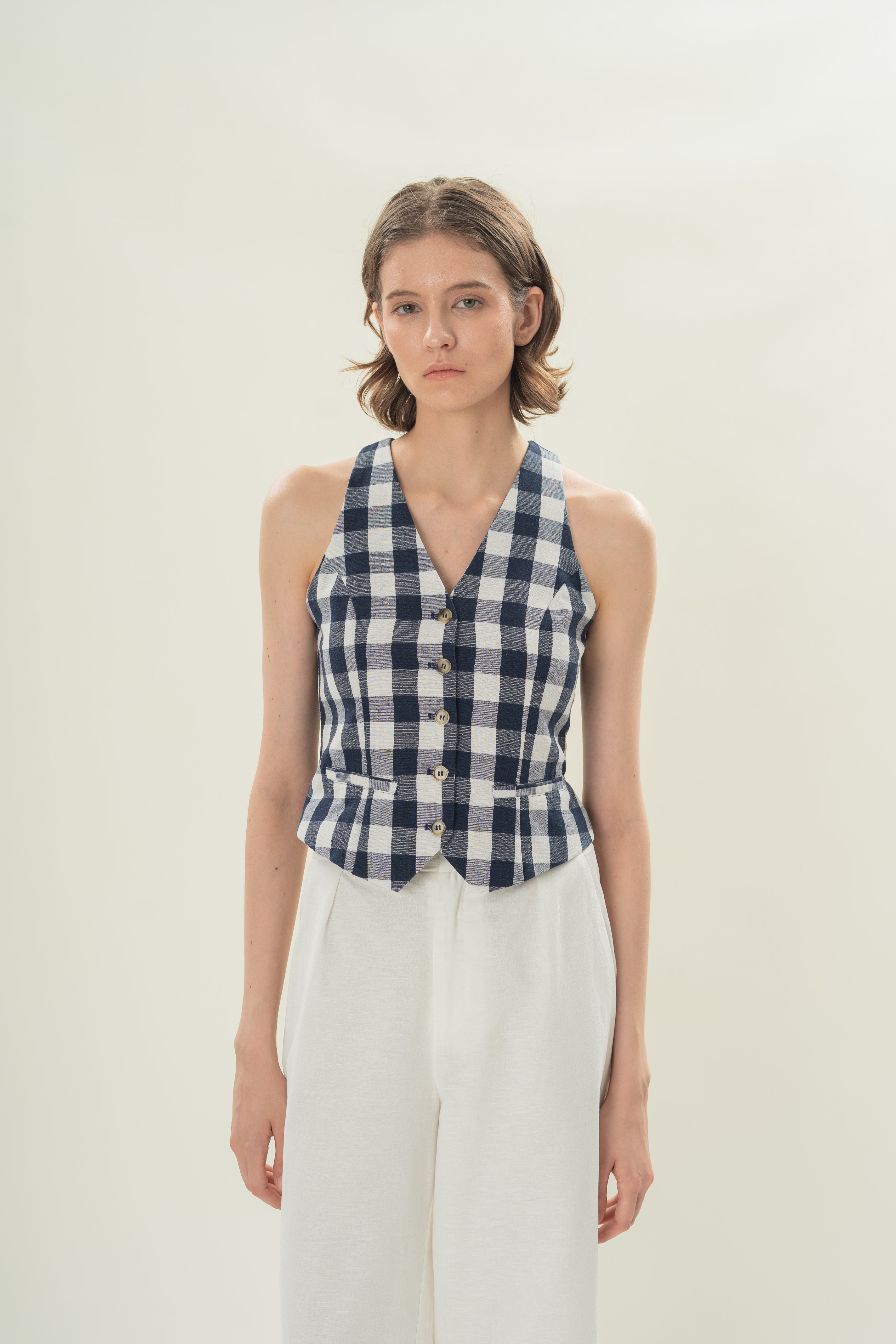 Linen Halter Padded Waistcoat in Navy Gingham