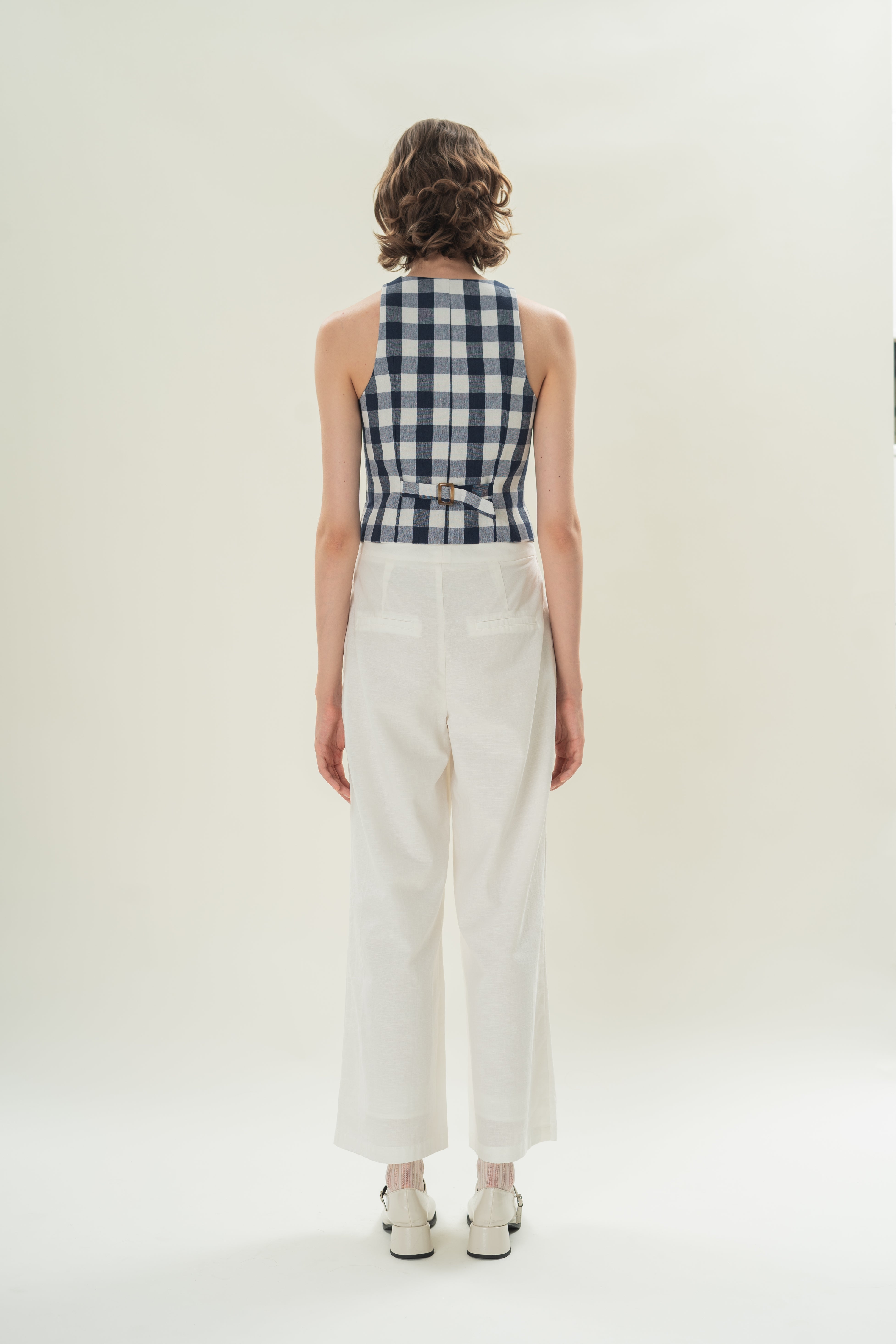 Linen Halter Padded Waistcoat in Navy Gingham