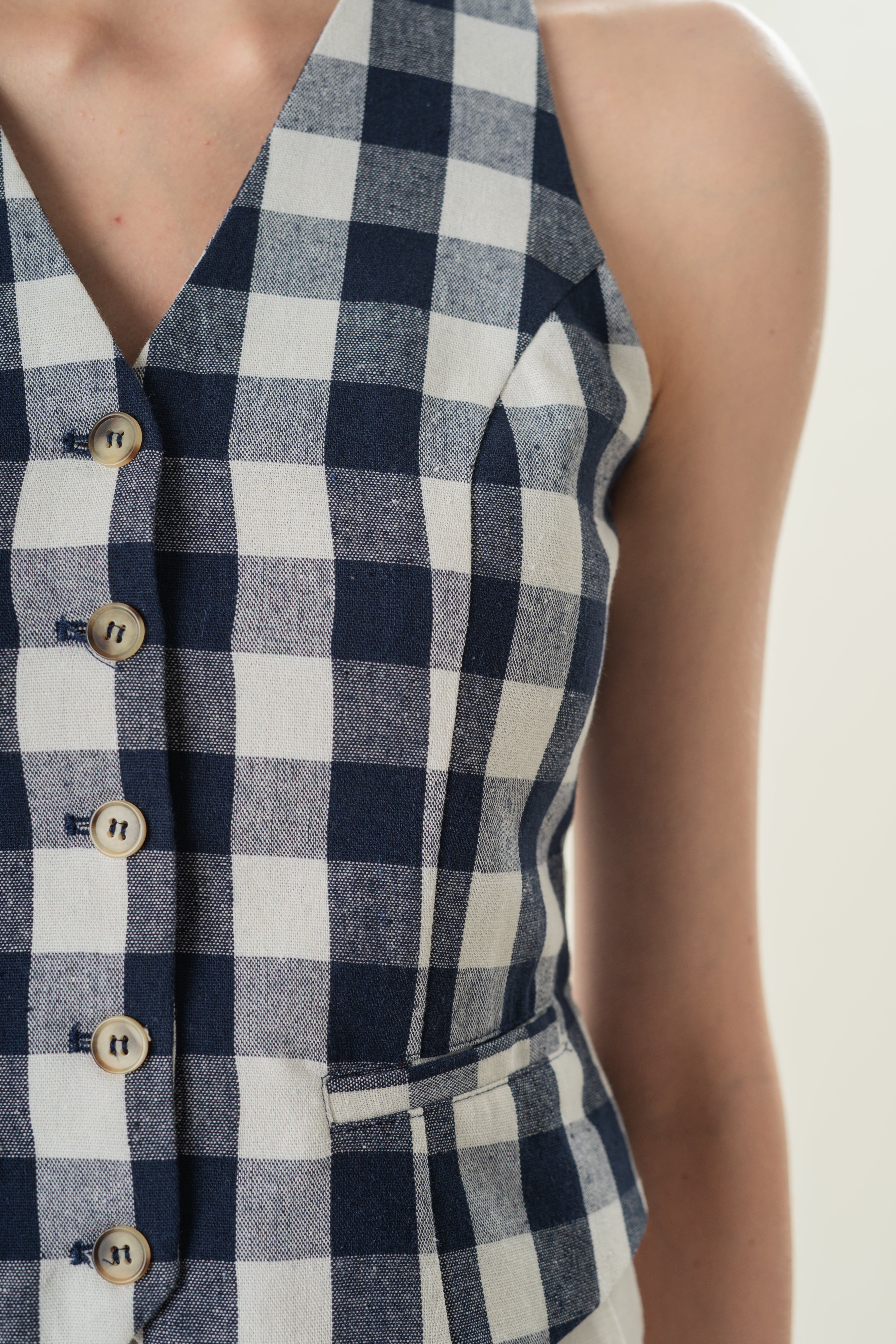 Linen Halter Padded Waistcoat in Navy Gingham