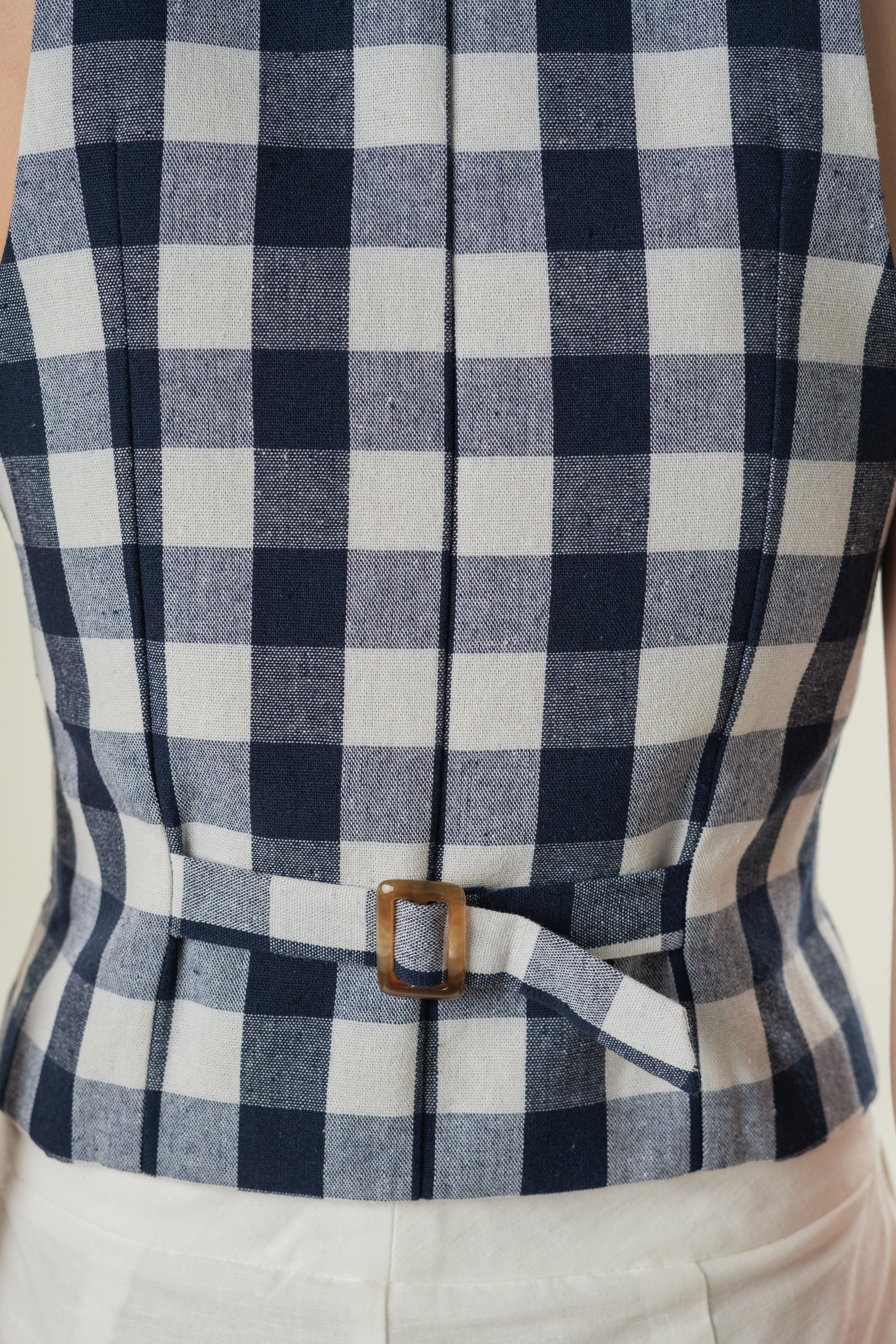 Linen Halter Padded Waistcoat in Navy Gingham