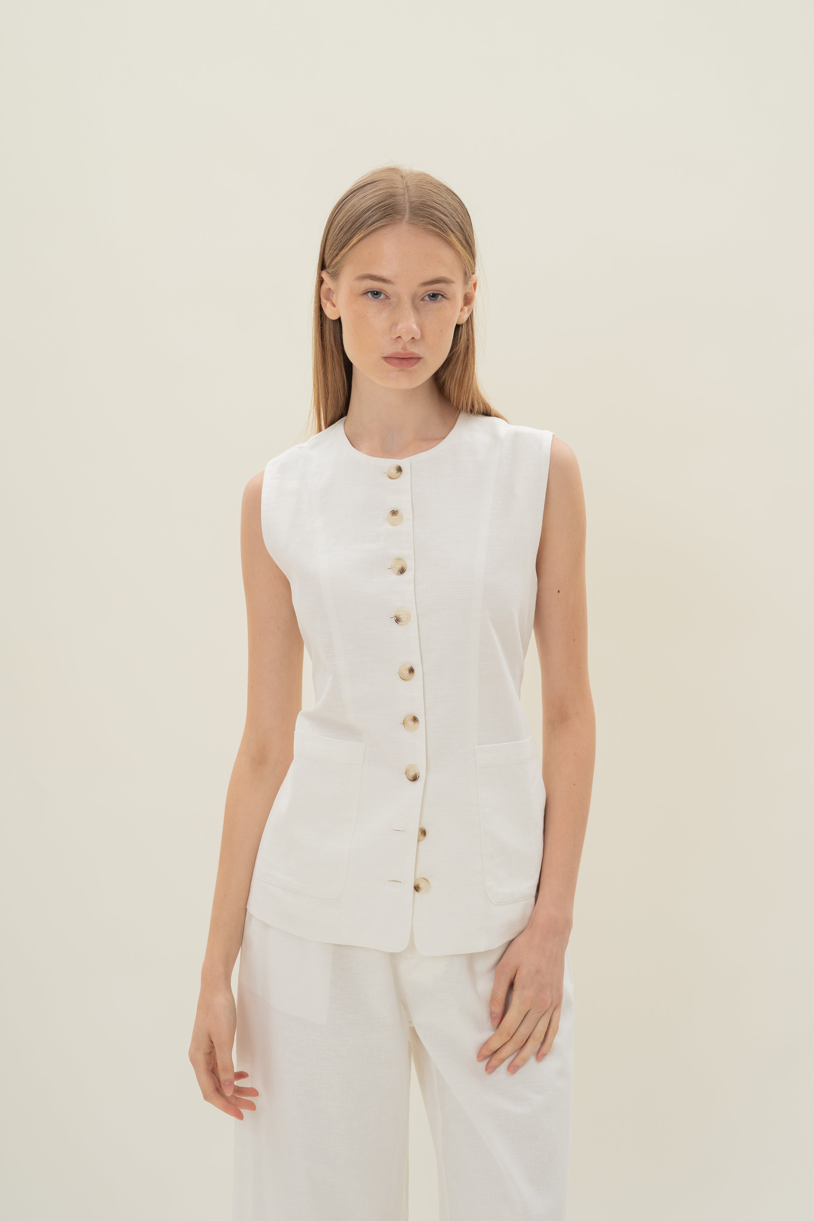 Long Round Neck Waistcoat in White